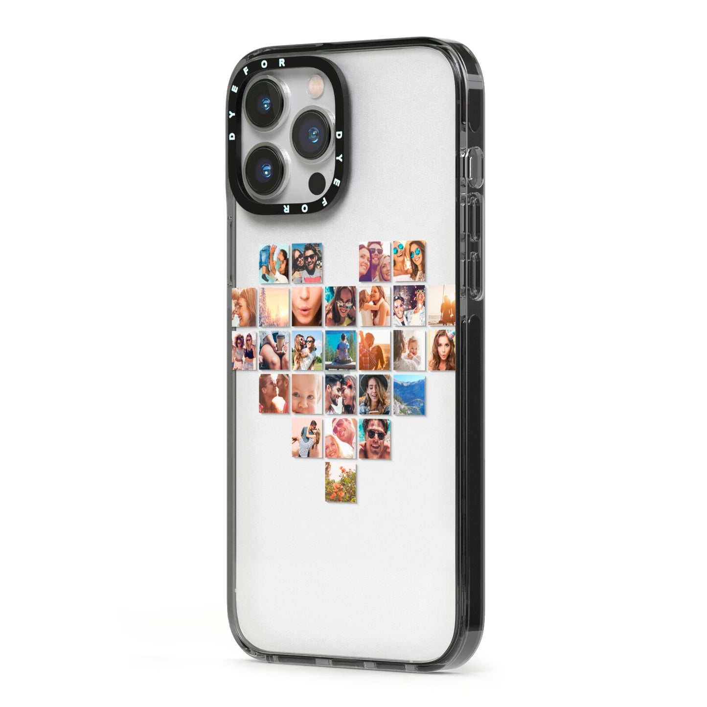 Large Heart Photo Montage Upload iPhone 13 Pro Max Black Impact Case Side Angle on Silver phone