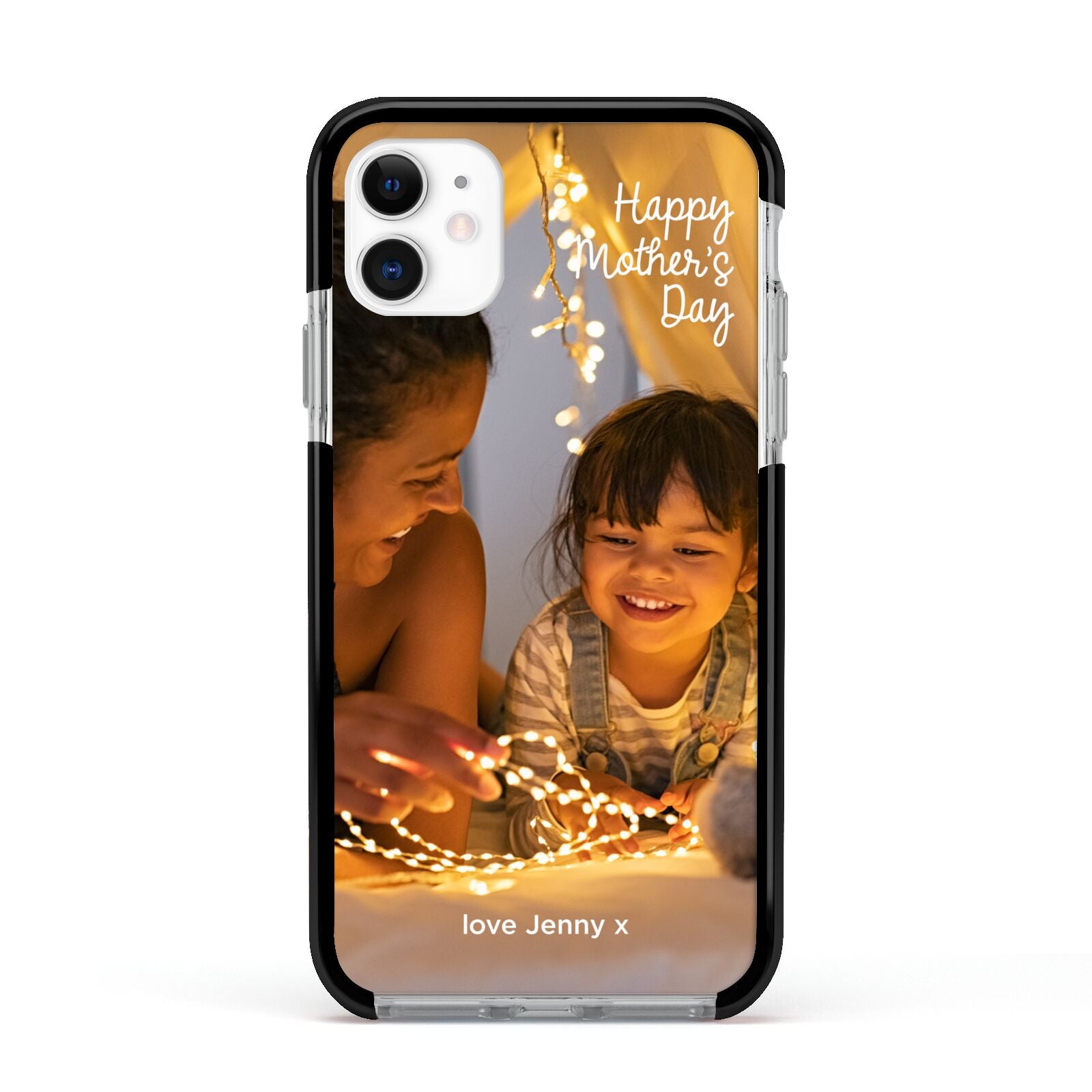 Large Mothers Day Photo with Name Apple iPhone 11 in White with Black Impact Case