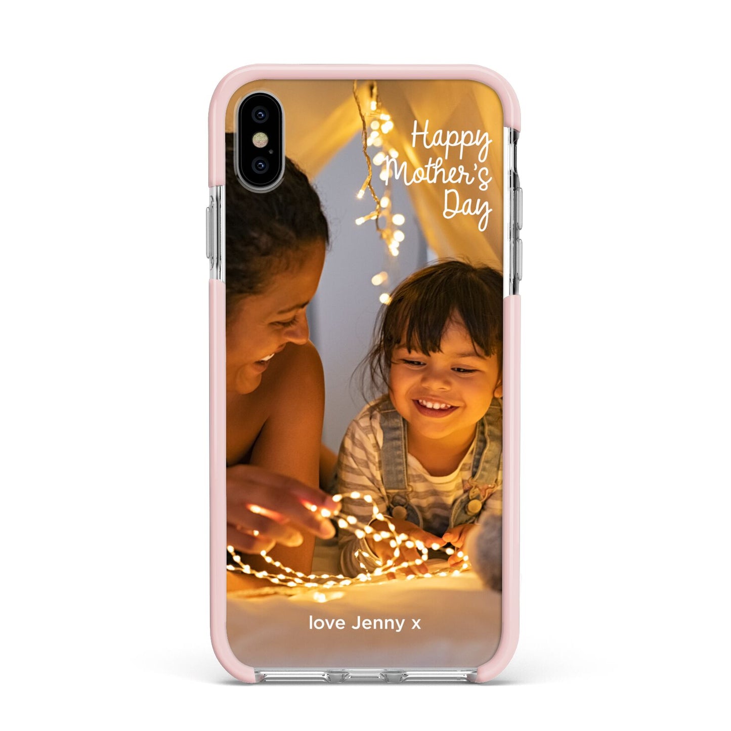 Large Mothers Day Photo with Name Apple iPhone Xs Max Impact Case Pink Edge on Silver Phone