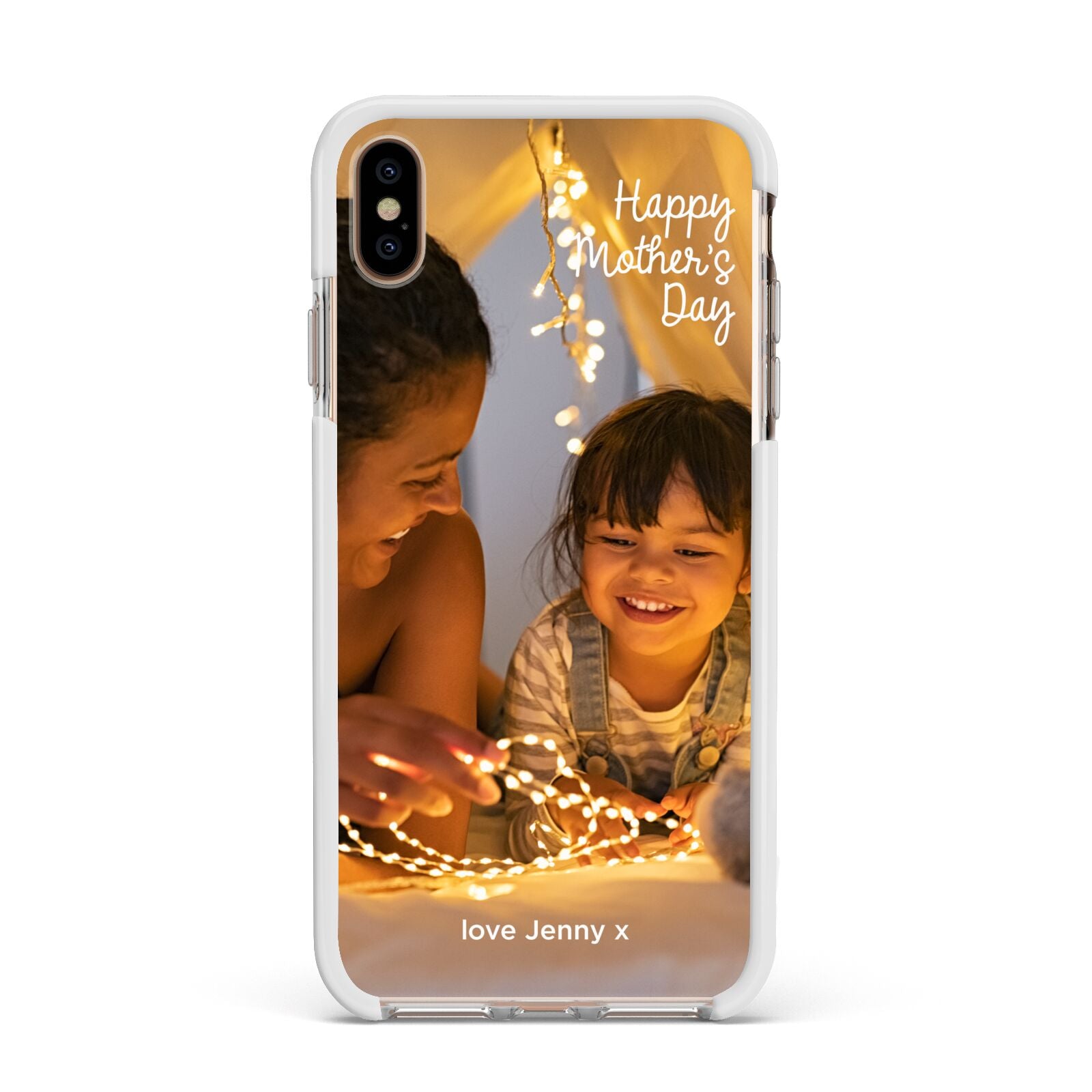 Large Mothers Day Photo with Name Apple iPhone Xs Max Impact Case White Edge on Gold Phone