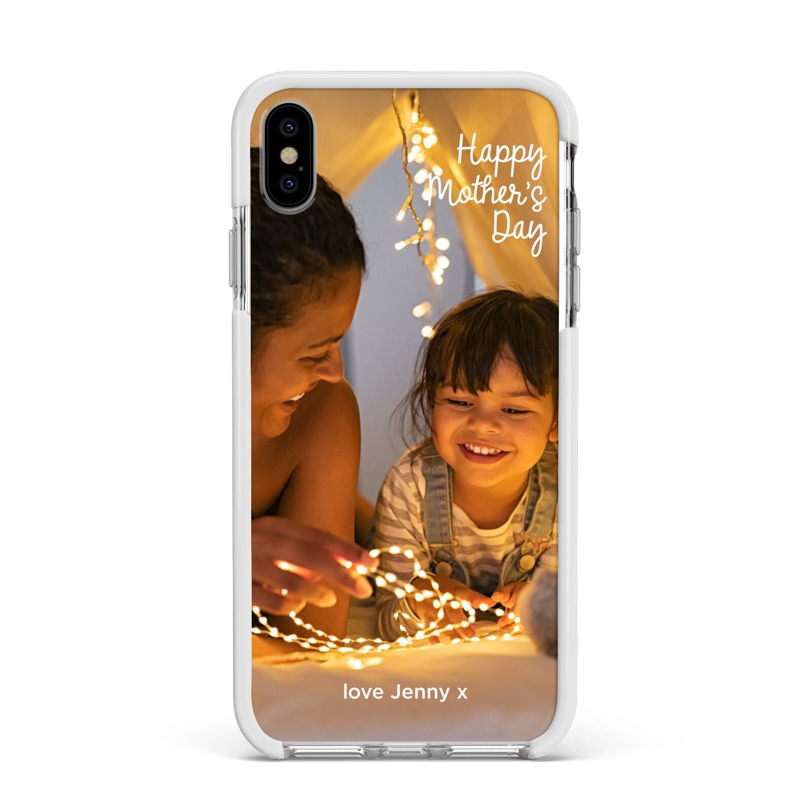 Large Mothers Day Photo with Name Apple iPhone Xs Max Impact Case White Edge on Silver Phone