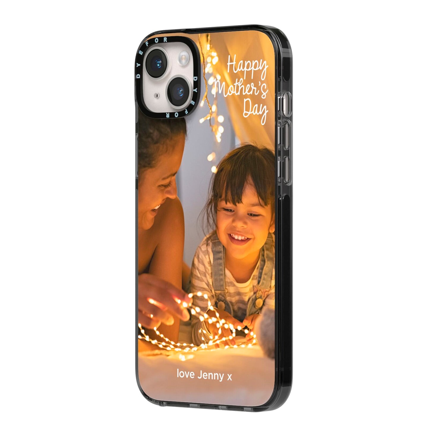 Large Mothers Day Photo with Name iPhone 14 Plus Black Impact Case Side Angle on Silver phone