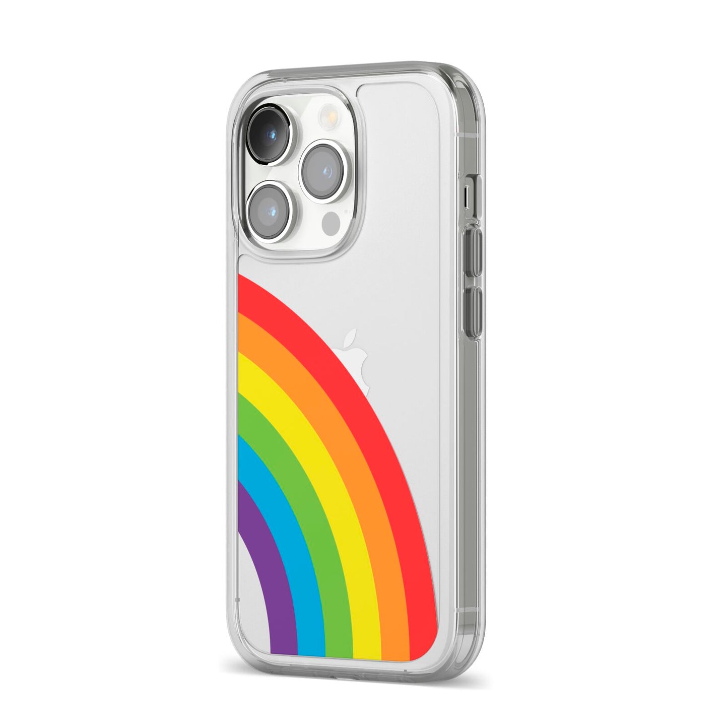 Large Rainbow iPhone 14 Pro Clear Tough Case Silver Angled Image