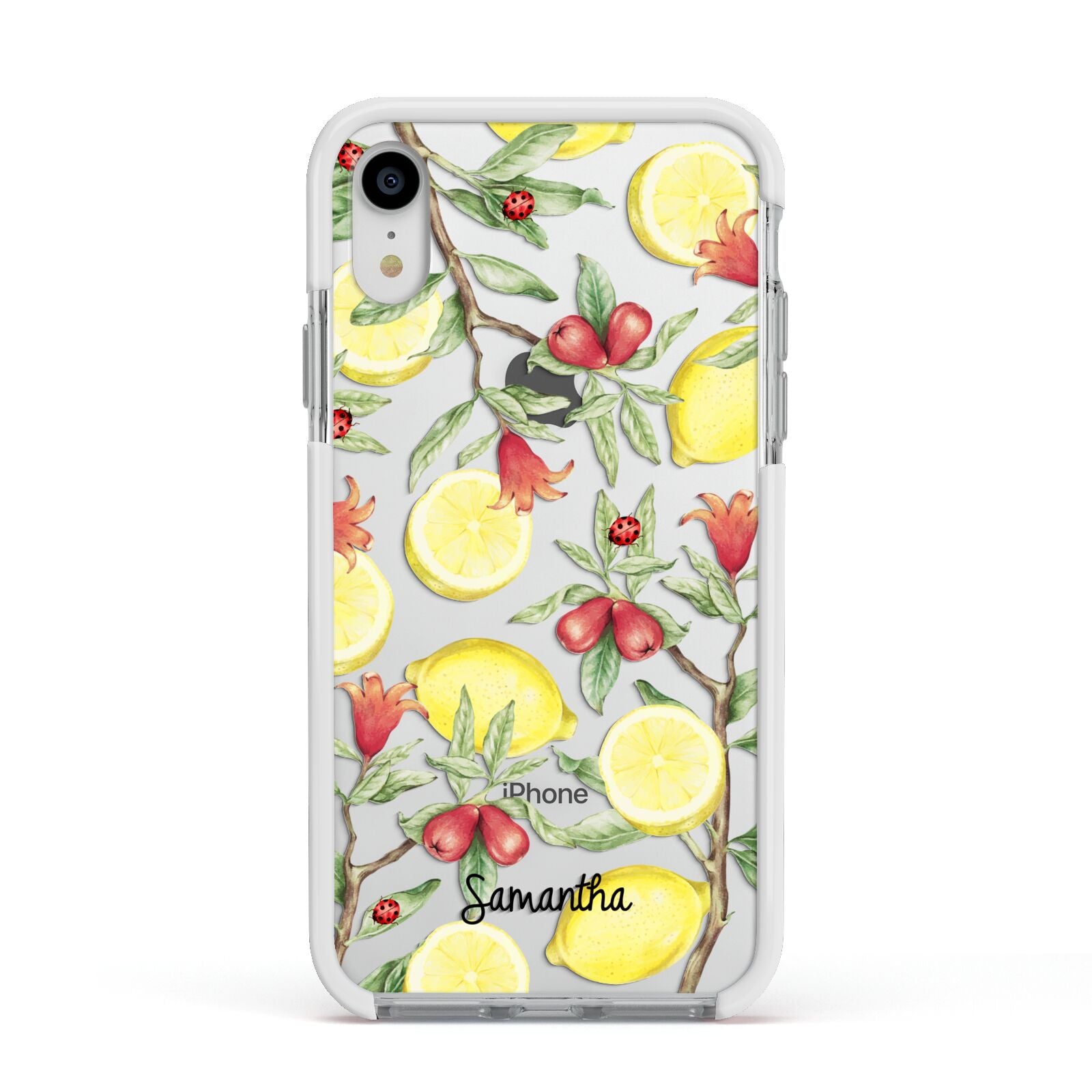 Lemon Tree with Name Apple iPhone XR Impact Case White Edge on Silver Phone