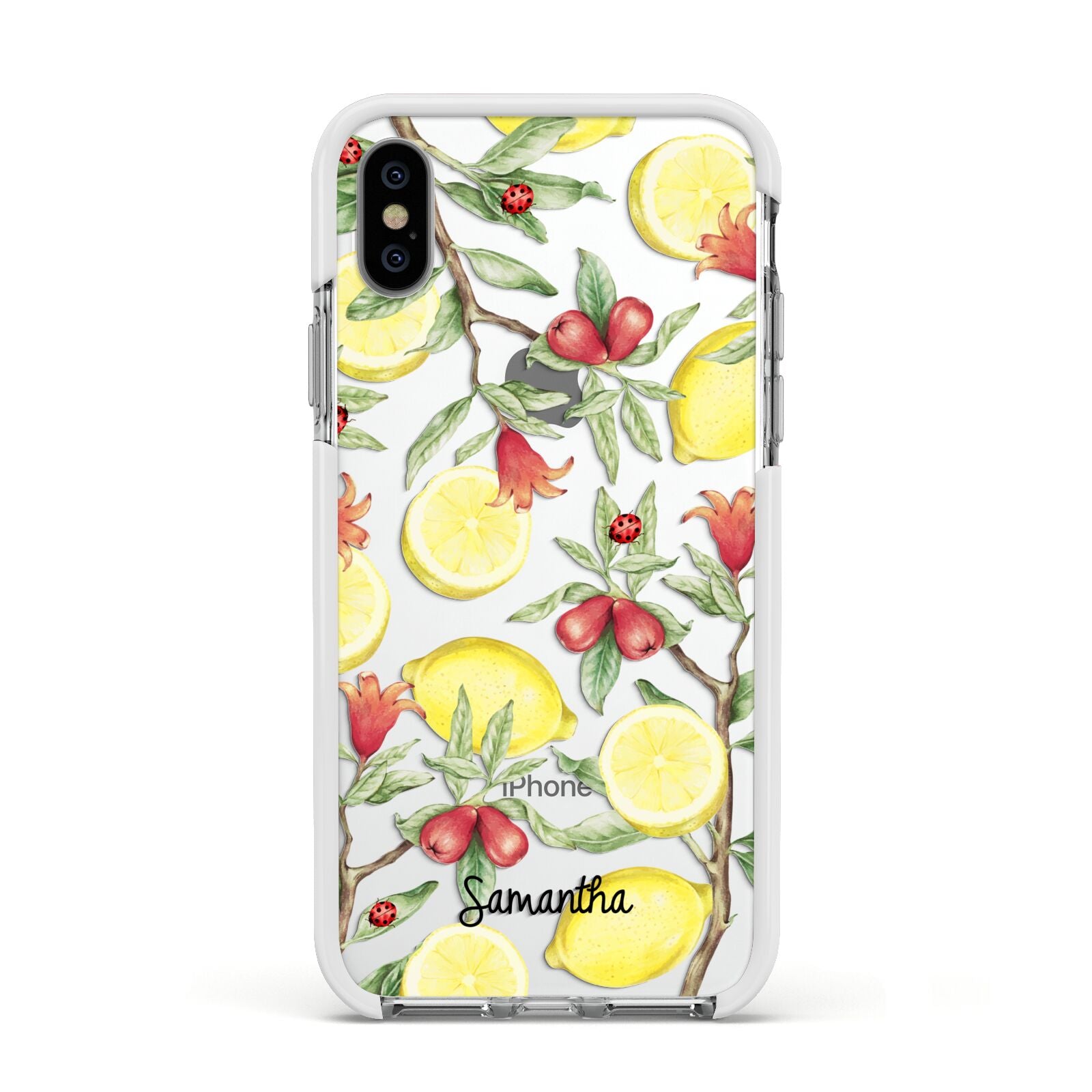 Lemon Tree with Name Apple iPhone Xs Impact Case White Edge on Silver Phone