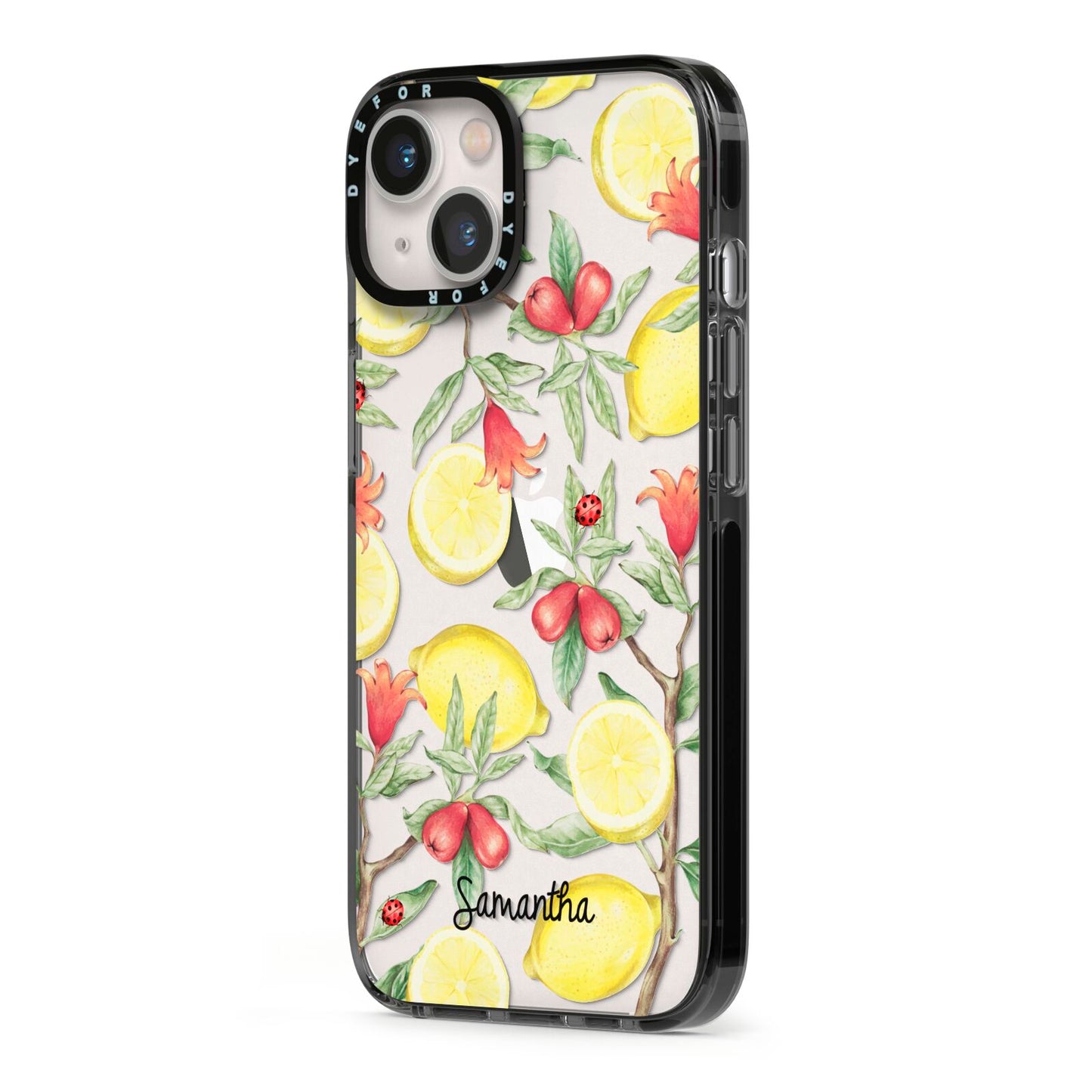 Lemon Tree with Name iPhone 13 Black Impact Case Side Angle on Silver phone