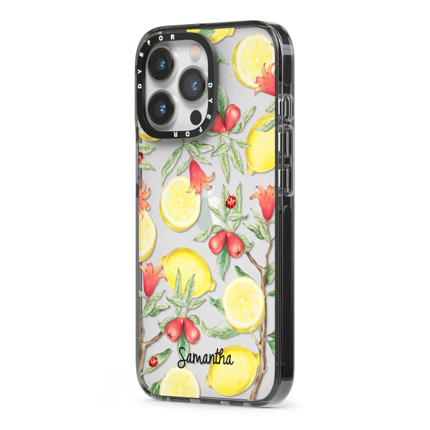Lemon Tree with Name iPhone 13 Pro Black Impact Case Side Angle on Silver phone