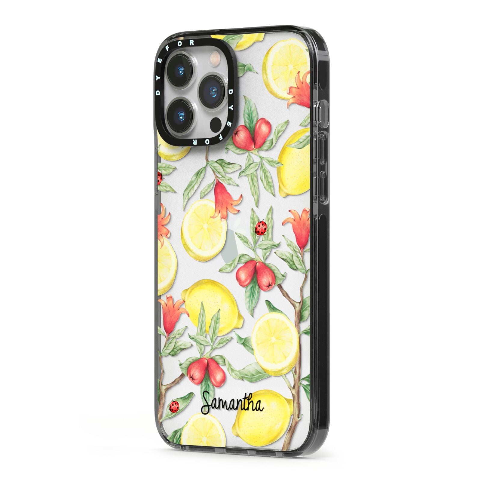Lemon Tree with Name iPhone 13 Pro Max Black Impact Case Side Angle on Silver phone