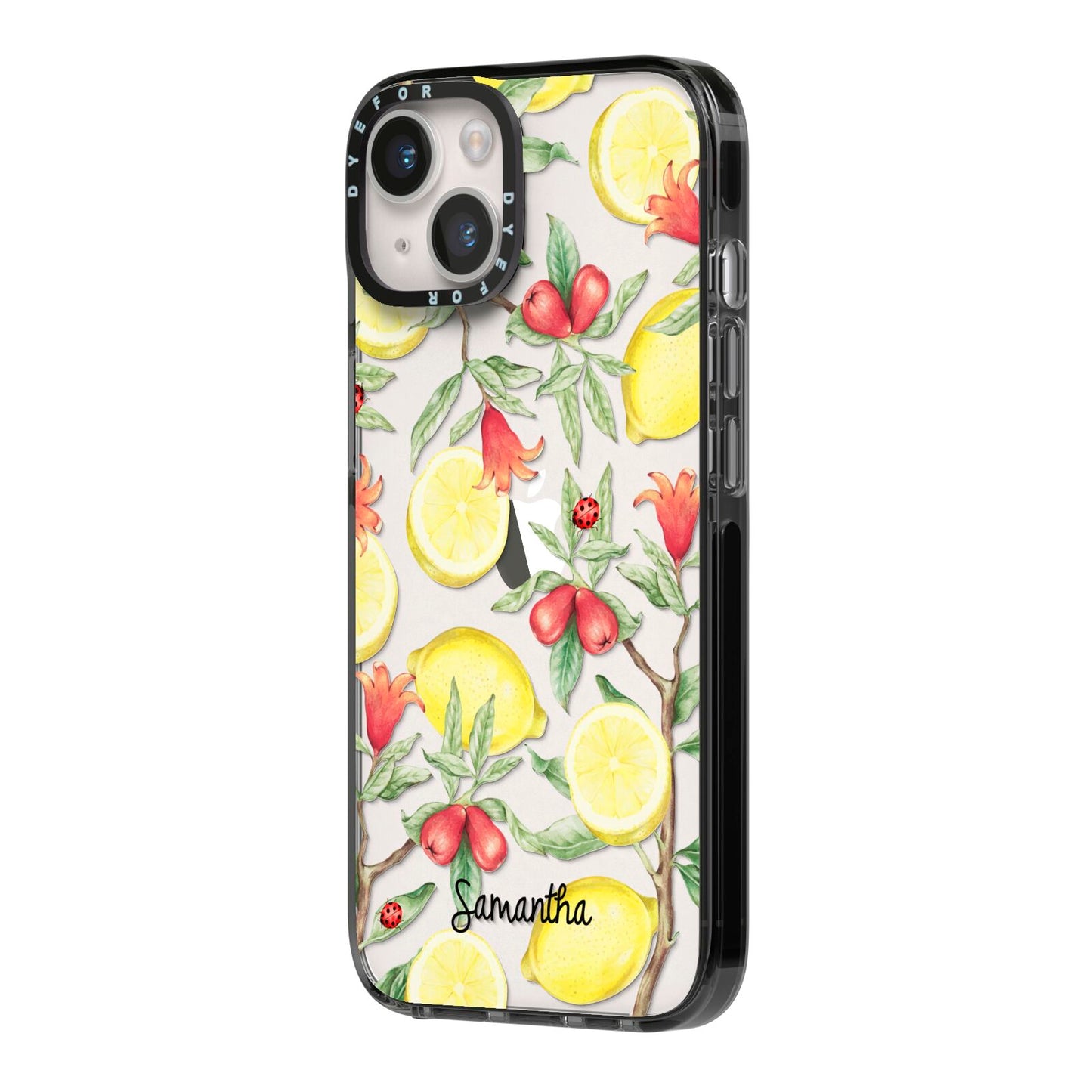 Lemon Tree with Name iPhone 14 Black Impact Case Side Angle on Silver phone