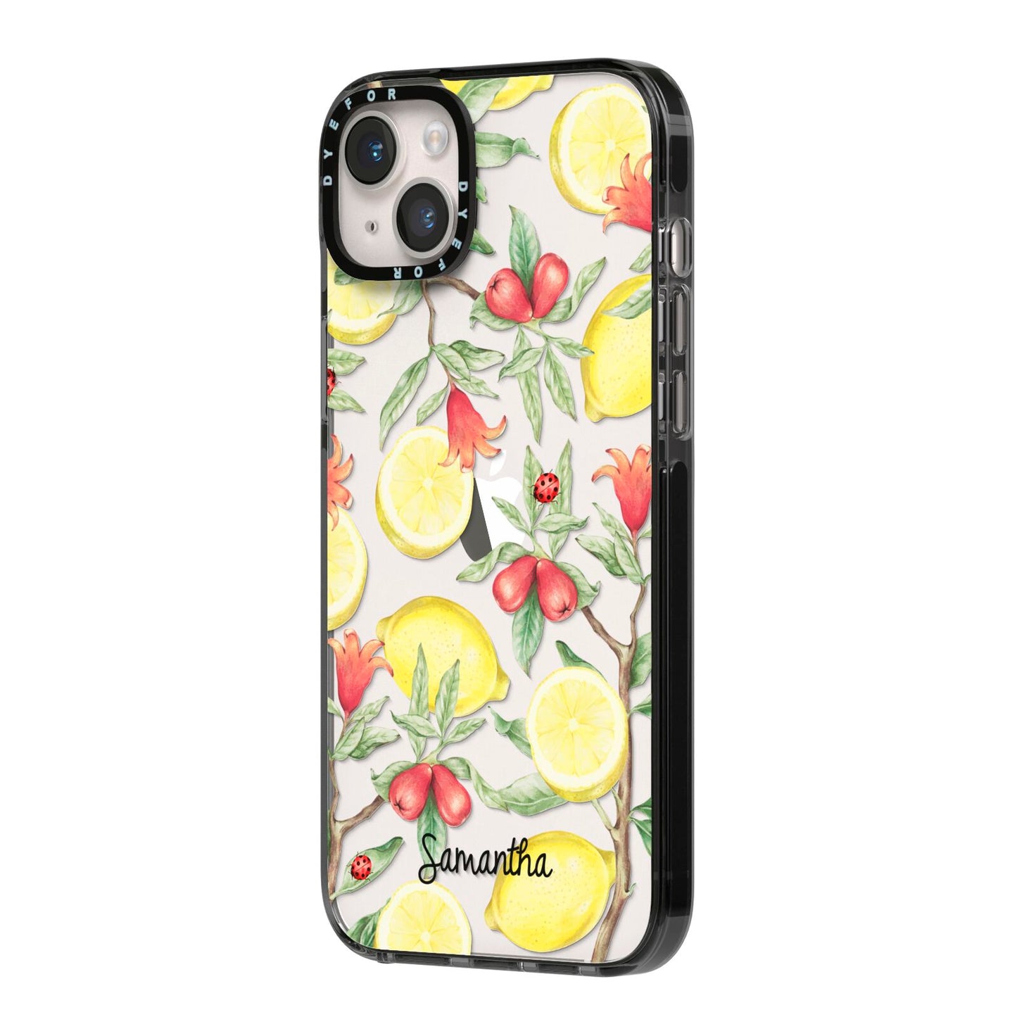 Lemon Tree with Name iPhone 14 Plus Black Impact Case Side Angle on Silver phone