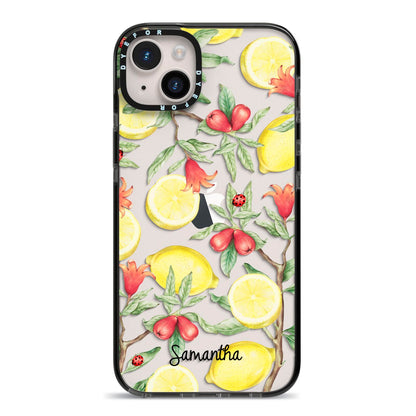 Lemon Tree with Name iPhone 14 Plus Black Impact Case on Silver phone