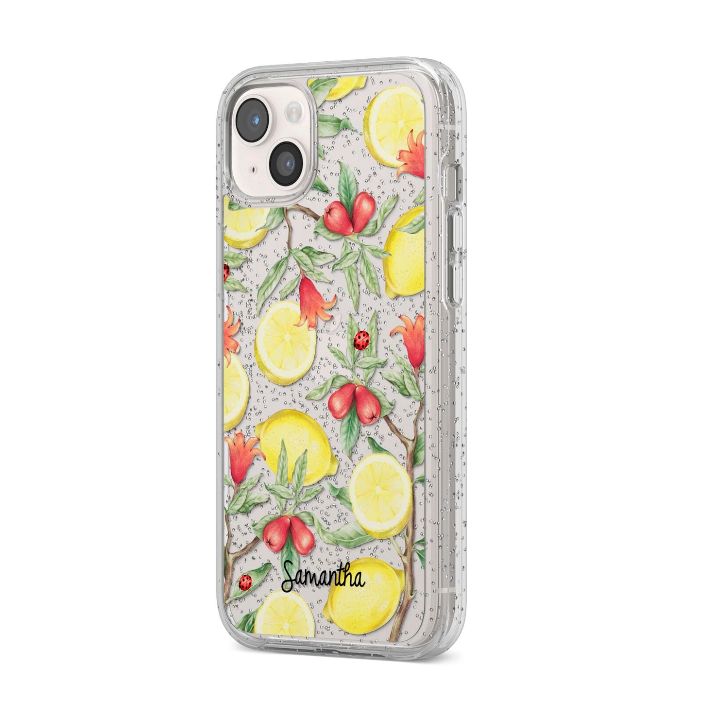 Lemon Tree with Name iPhone 14 Plus Glitter Tough Case Starlight Angled Image