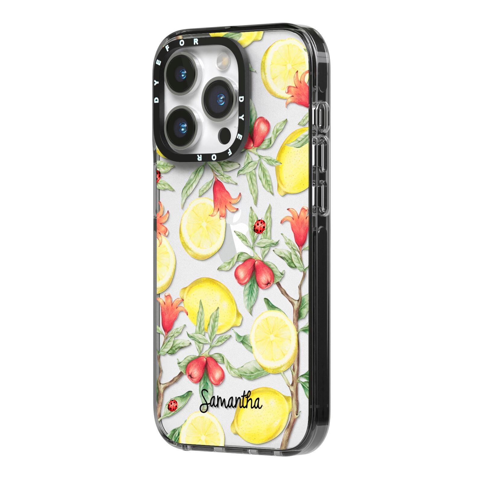 Lemon Tree with Name iPhone 14 Pro Black Impact Case Side Angle on Silver phone