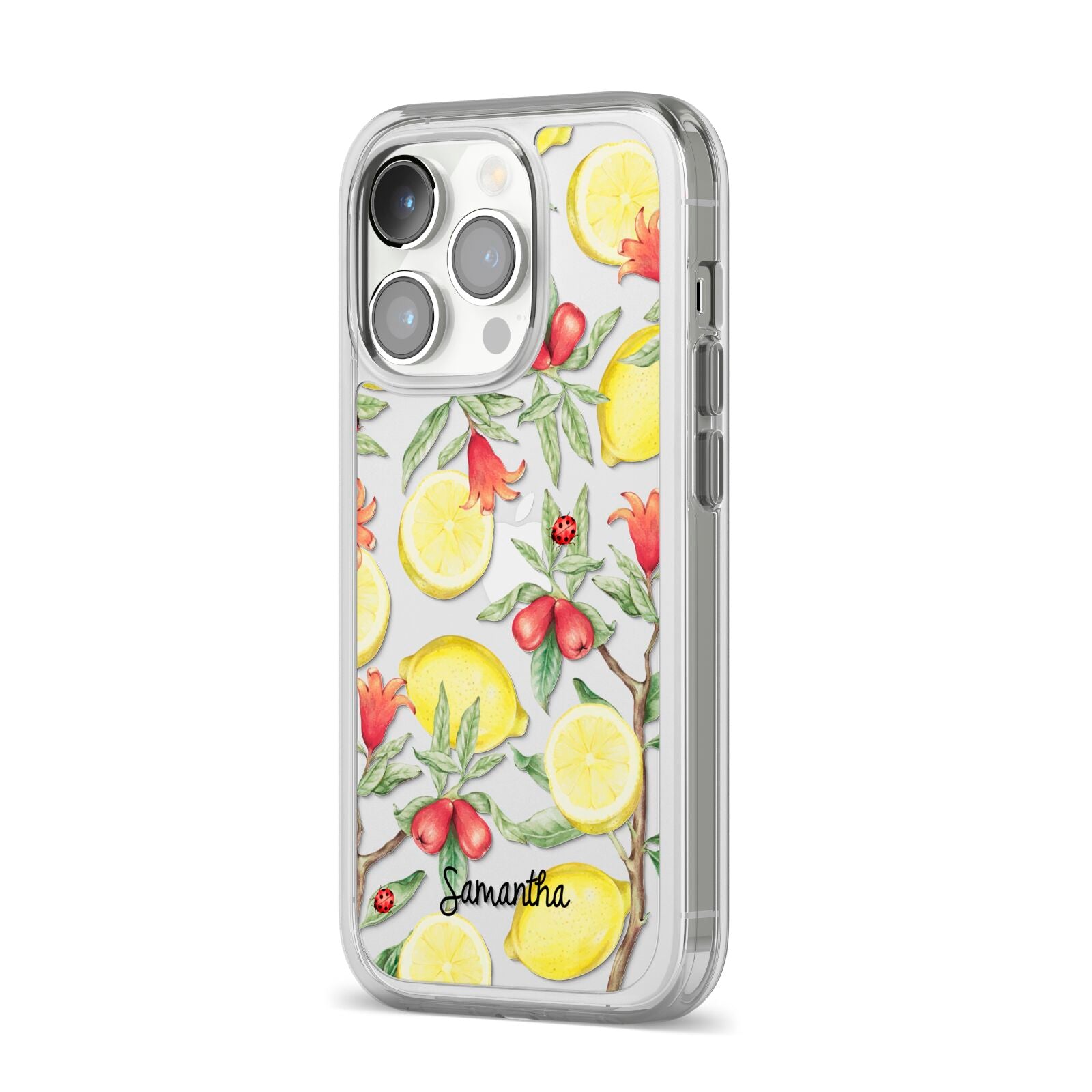 Lemon Tree with Name iPhone 14 Pro Clear Tough Case Silver Angled Image