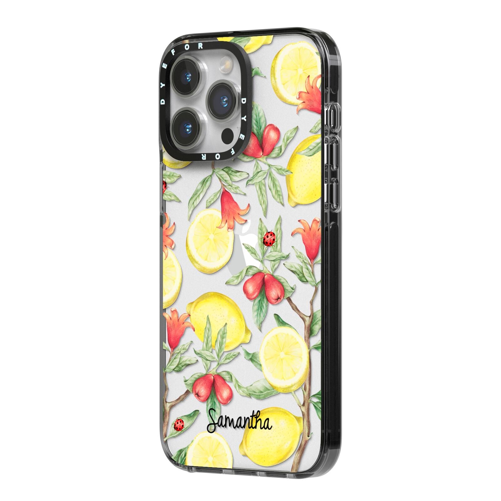 Lemon Tree with Name iPhone 14 Pro Max Black Impact Case Side Angle on Silver phone