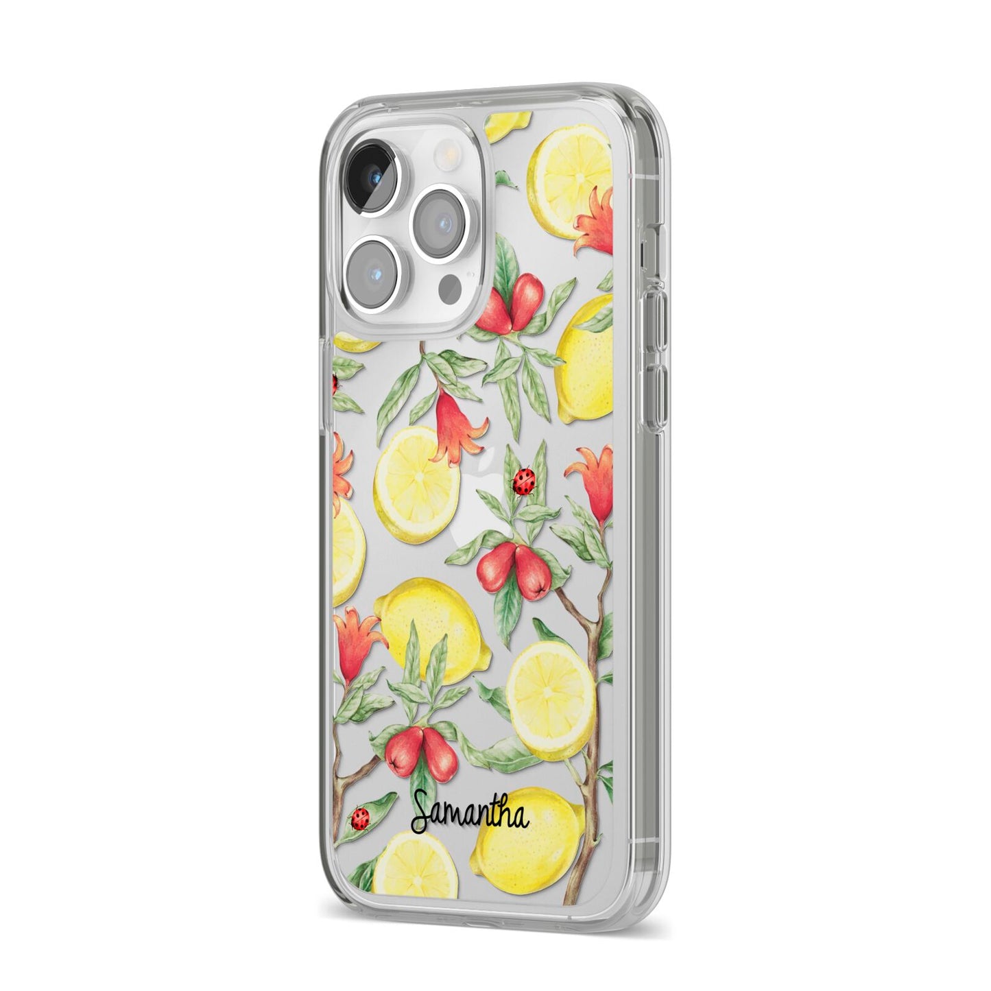 Lemon Tree with Name iPhone 14 Pro Max Clear Tough Case Silver Angled Image
