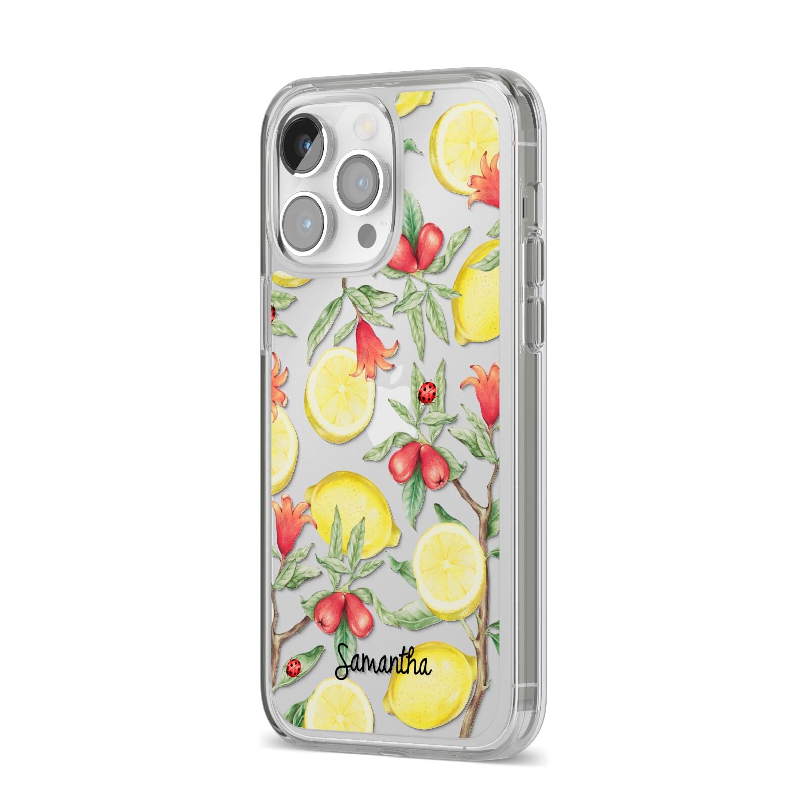 Lemon Tree with Name iPhone 14 Pro Max Clear Tough Case Silver Angled Image