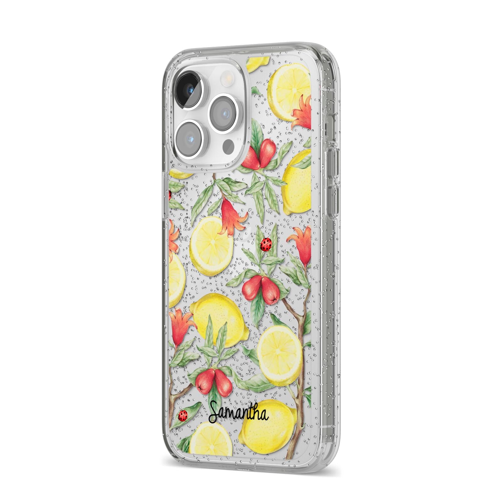 Lemon Tree with Name iPhone 14 Pro Max Glitter Tough Case Silver Angled Image
