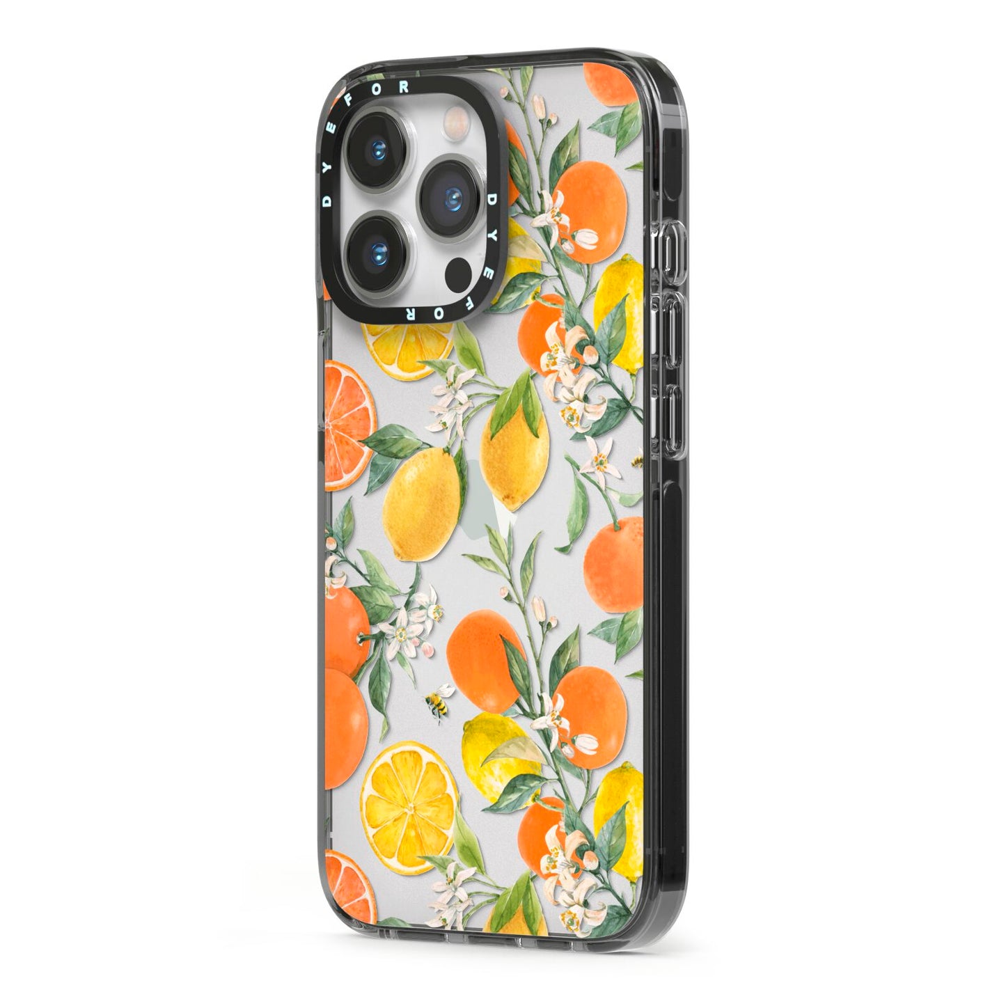 Lemons and Oranges iPhone 13 Pro Black Impact Case Side Angle on Silver phone