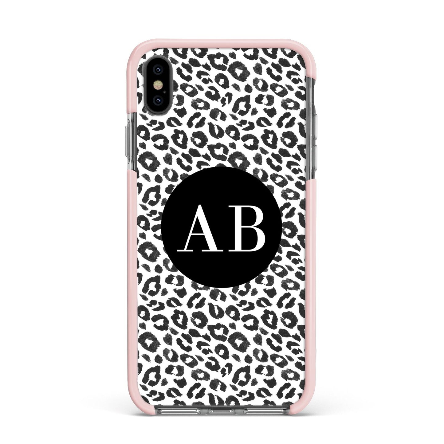 Leopard Print Black and White Apple iPhone Xs Max Impact Case Pink Edge on Black Phone