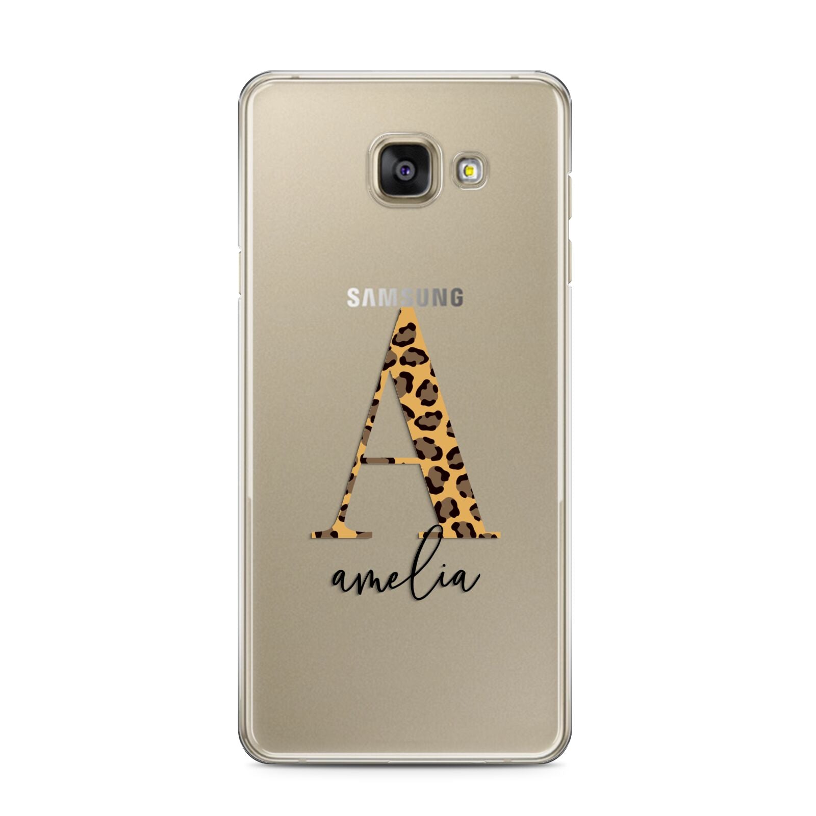 Leopard Print Initial with Name Samsung Galaxy A3 2016 Case on gold phone