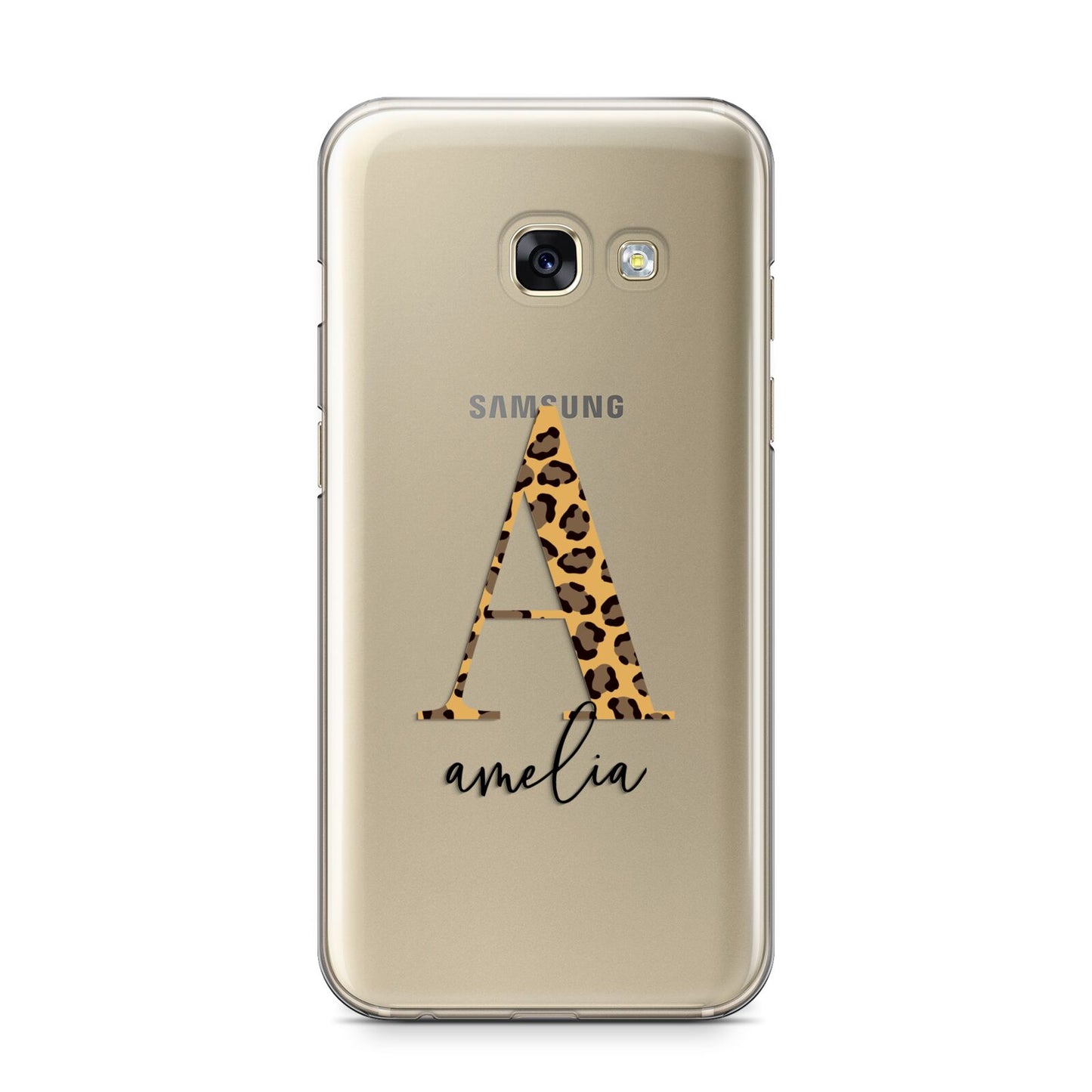 Leopard Print Initial with Name Samsung Galaxy A3 2017 Case on gold phone