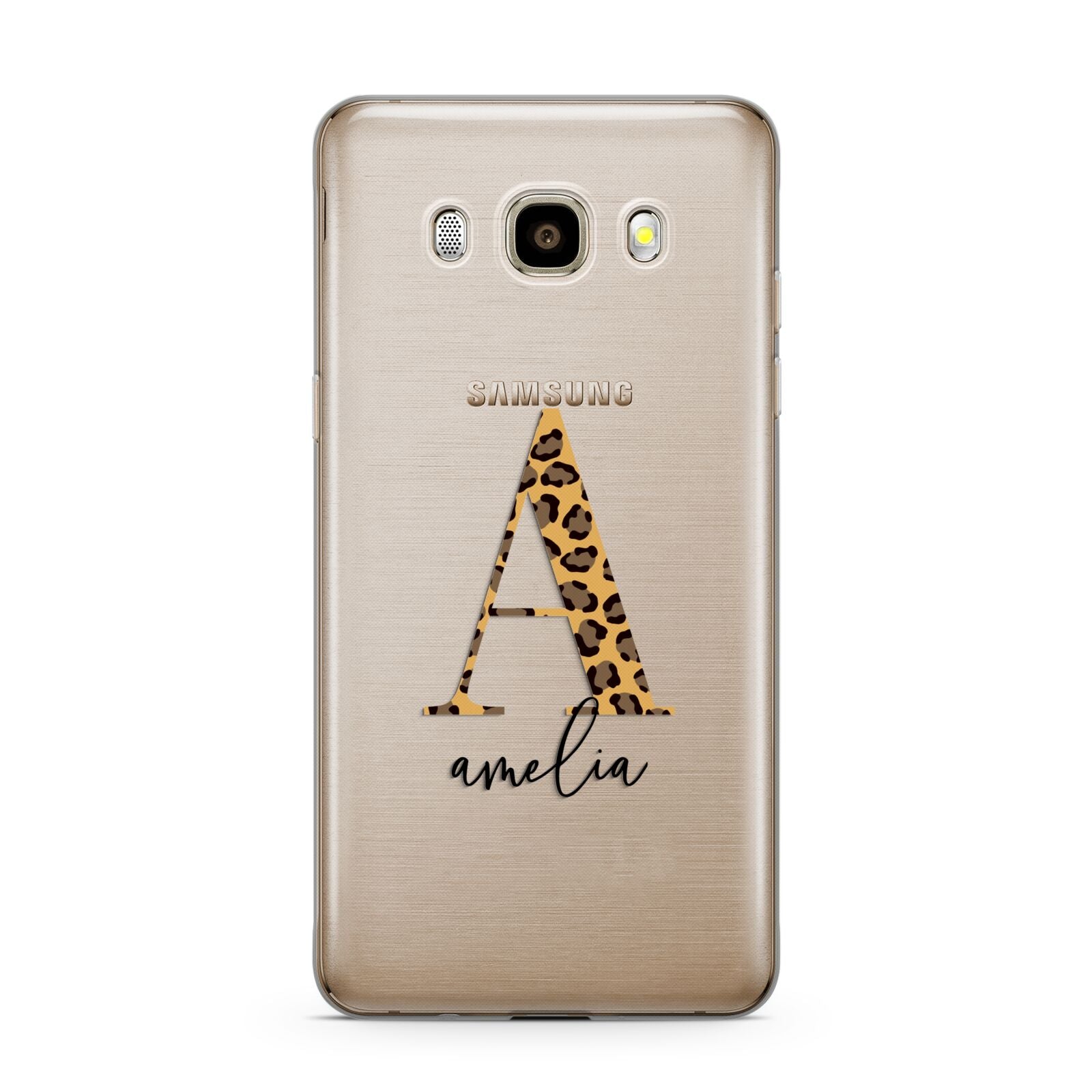 Leopard Print Initial with Name Samsung Galaxy J7 2016 Case on gold phone