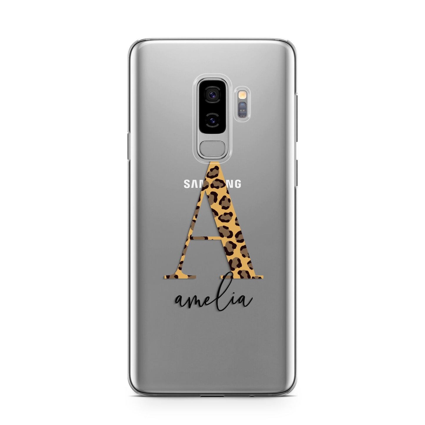 Leopard Print Initial with Name Samsung Galaxy S9 Plus Case on Silver phone