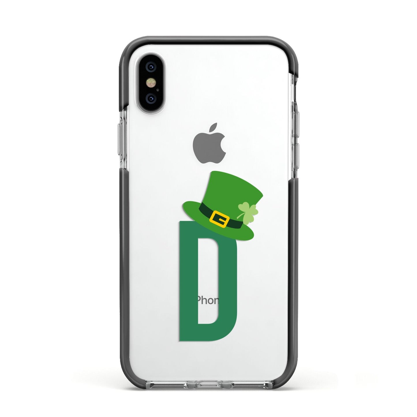 Leprechaun Hat Custom Monogram Apple iPhone Xs Impact Case Black Edge on Silver Phone