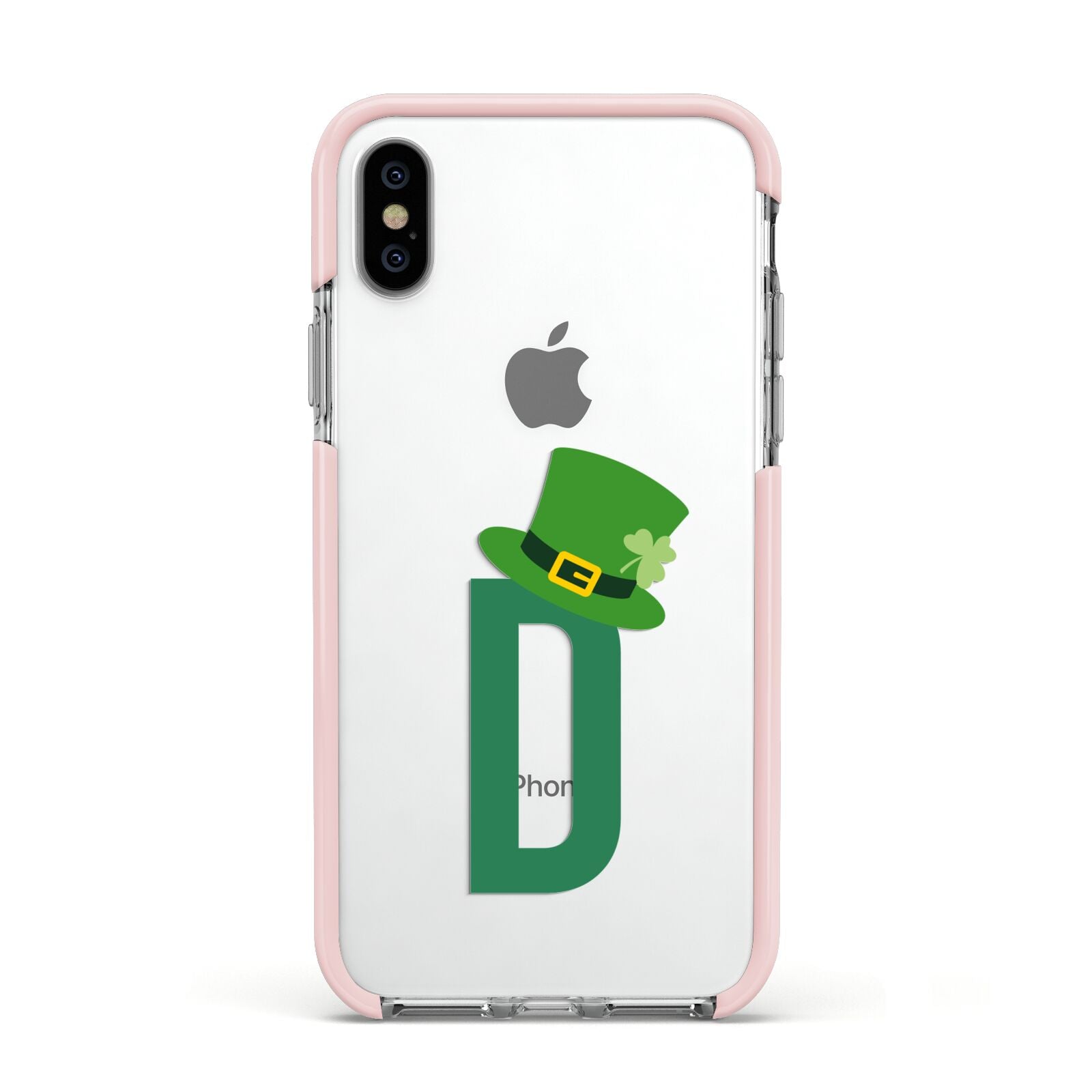 Leprechaun Hat Custom Monogram Apple iPhone Xs Impact Case Pink Edge on Silver Phone