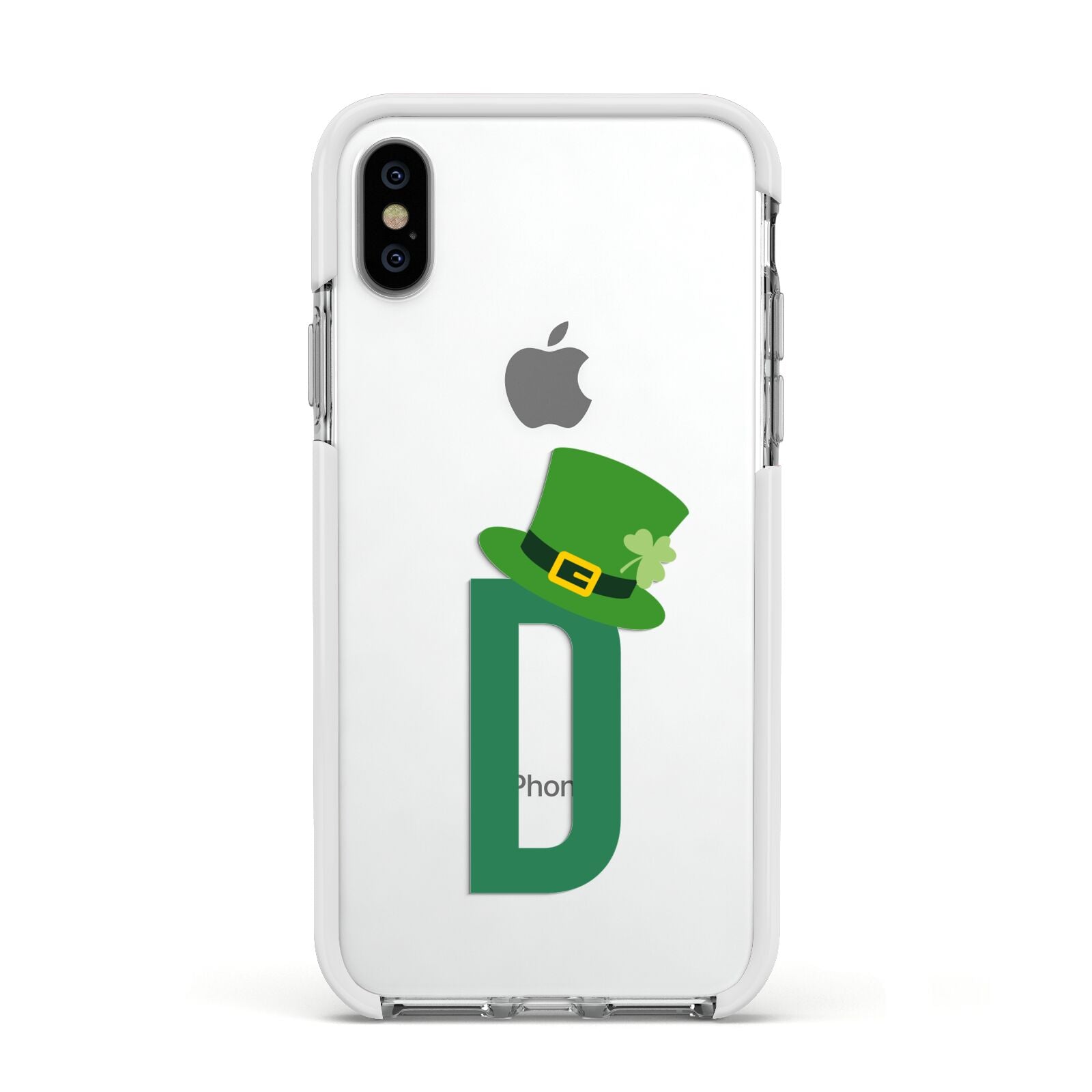 Leprechaun Hat Custom Monogram Apple iPhone Xs Impact Case White Edge on Silver Phone