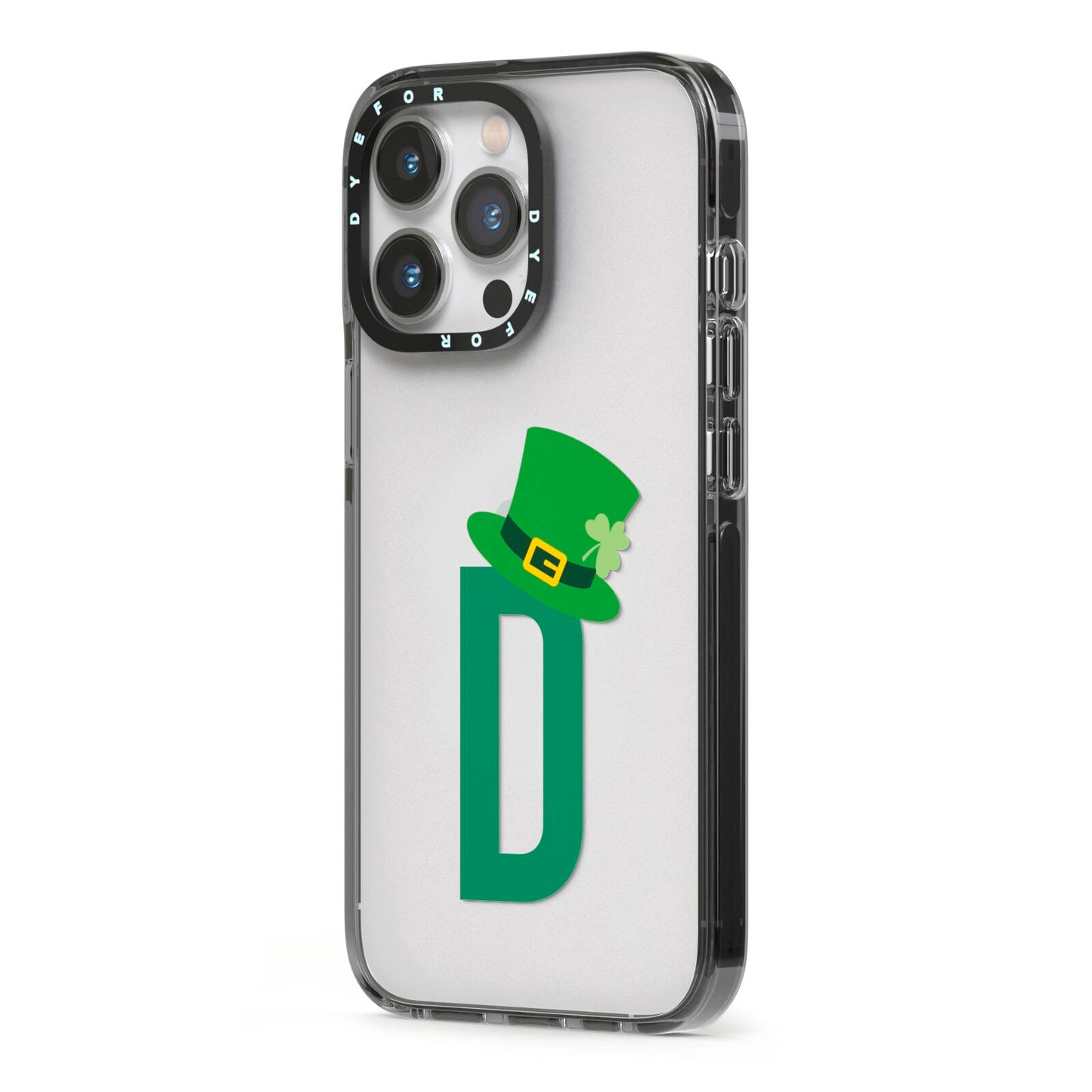 Leprechaun Hat Custom Monogram iPhone 13 Pro Black Impact Case Side Angle on Silver phone