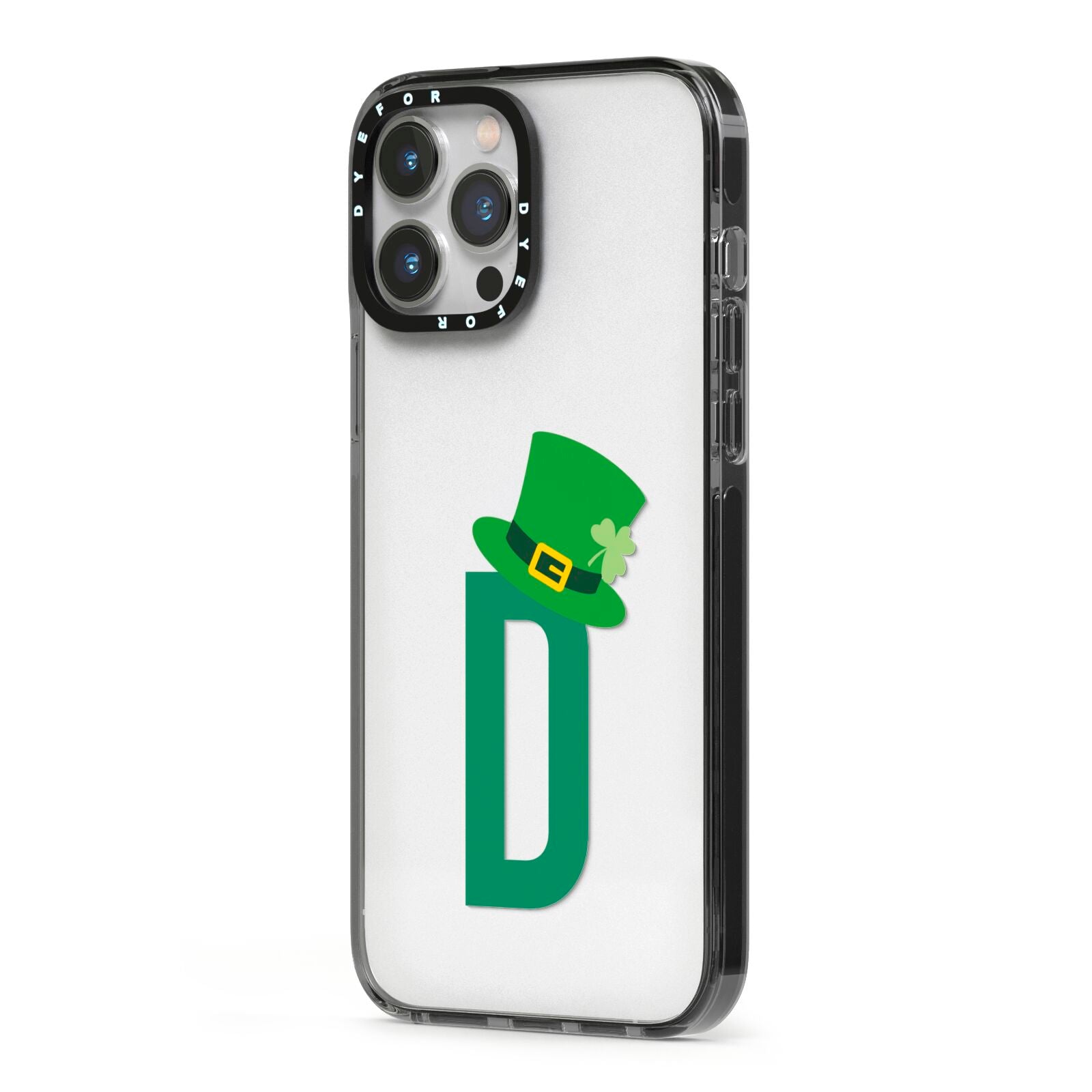 Leprechaun Hat Custom Monogram iPhone 13 Pro Max Black Impact Case Side Angle on Silver phone