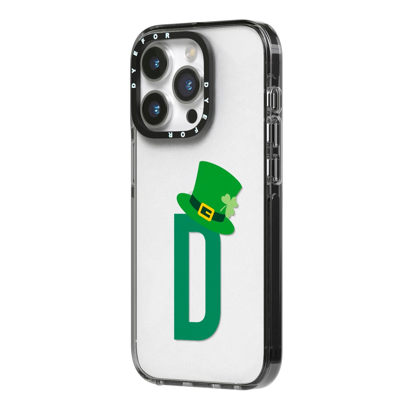 Leprechaun Hat Custom Monogram iPhone 14 Pro Black Impact Case Side Angle on Silver phone