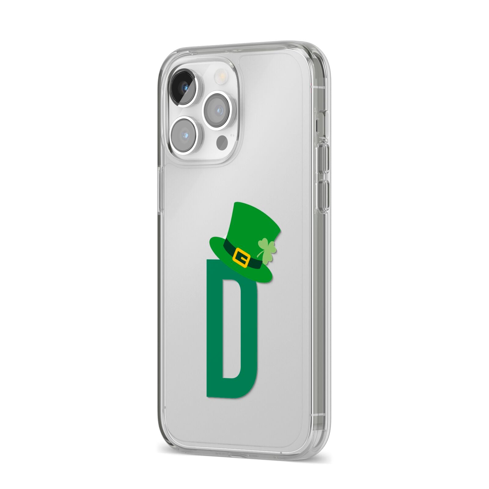 Leprechaun Hat Custom Monogram iPhone 14 Pro Max Clear Tough Case Silver Angled Image