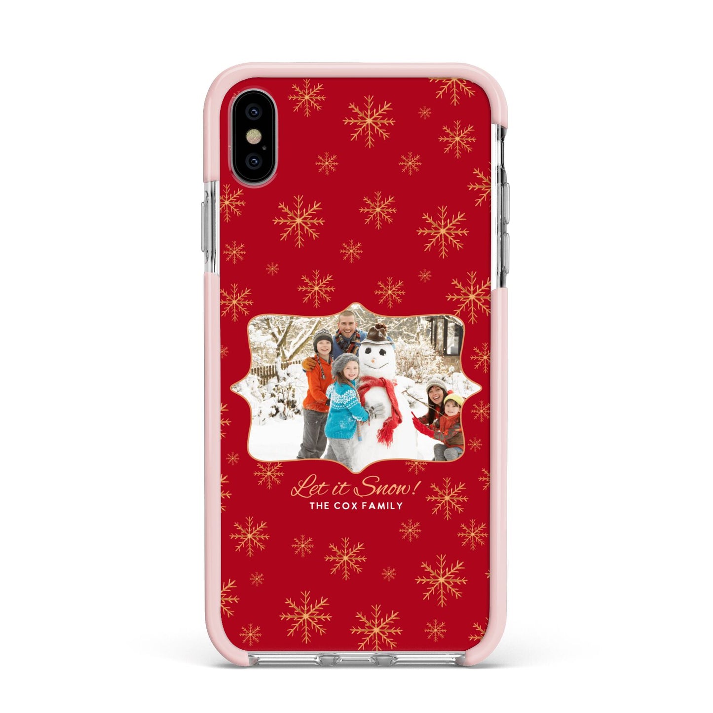 Let it Snow Christmas Photo Upload Apple iPhone Xs Max Impact Case Pink Edge on Silver Phone