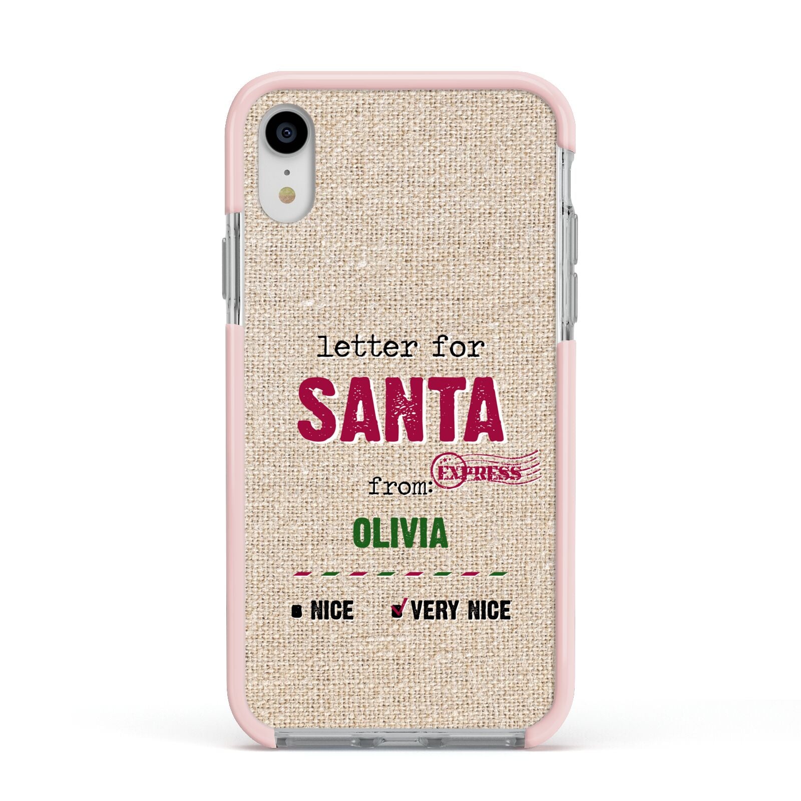 Letters to Santa Personalised Apple iPhone XR Impact Case Pink Edge on Silver Phone