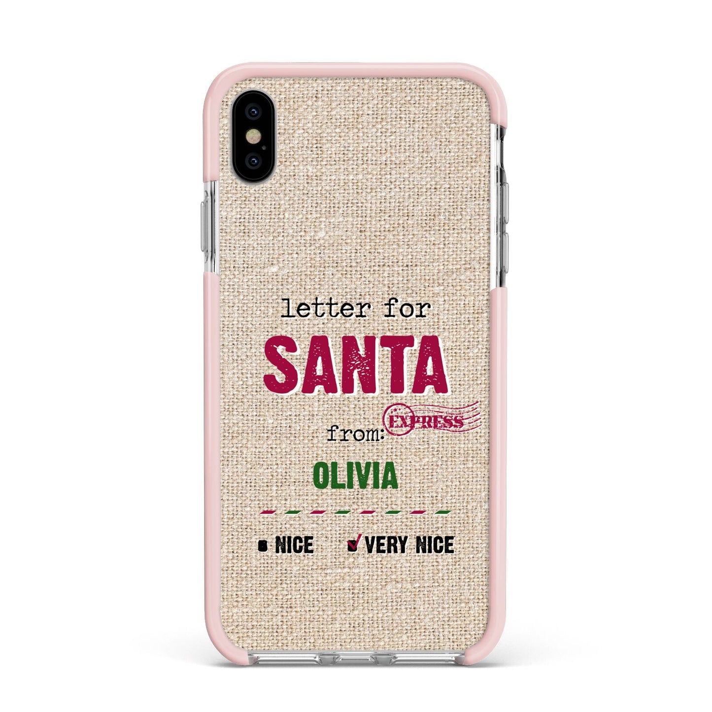 Letters to Santa Personalised Apple iPhone Xs Max Impact Case Pink Edge on Silver Phone