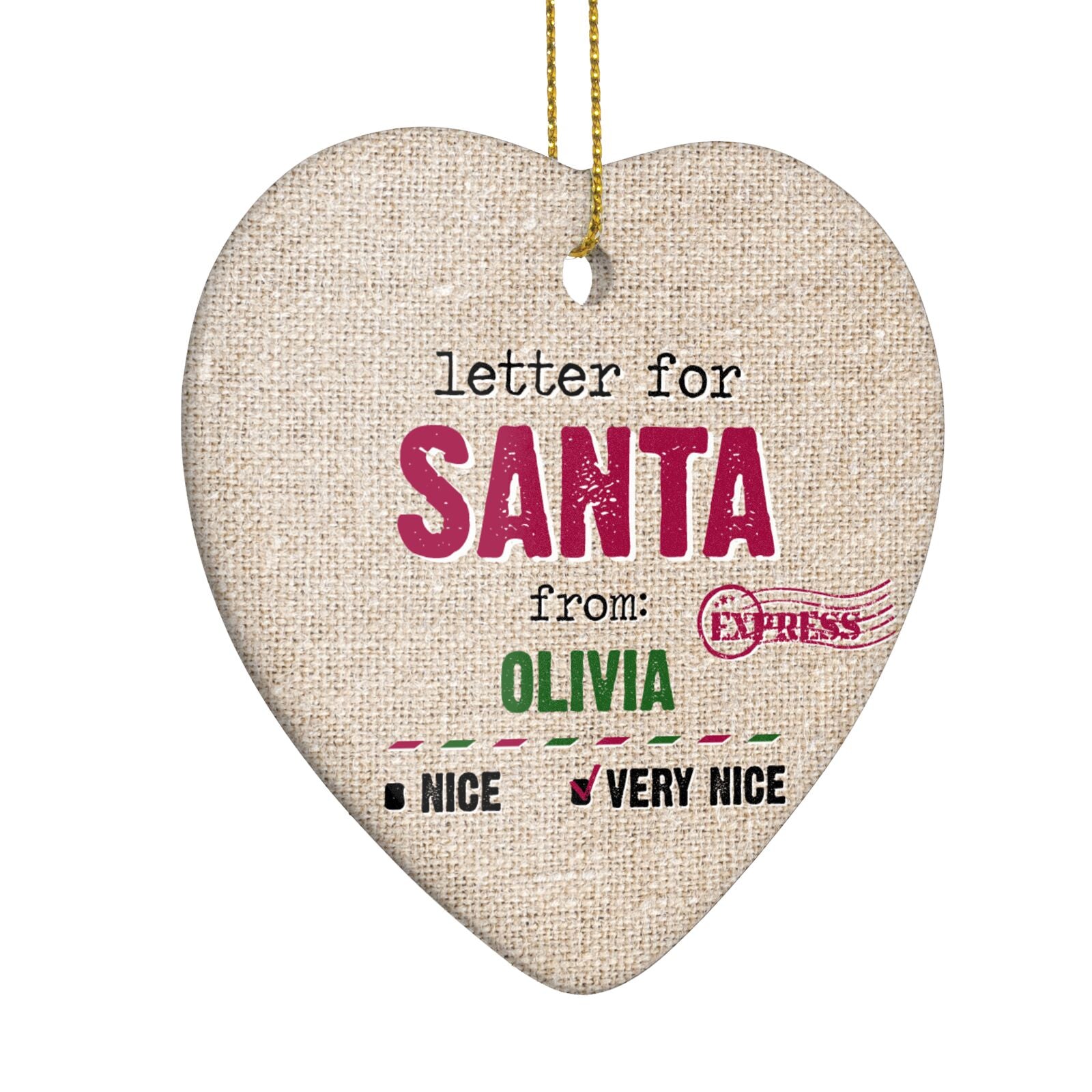 Letters to Santa Personalised Heart Decoration Side Angle