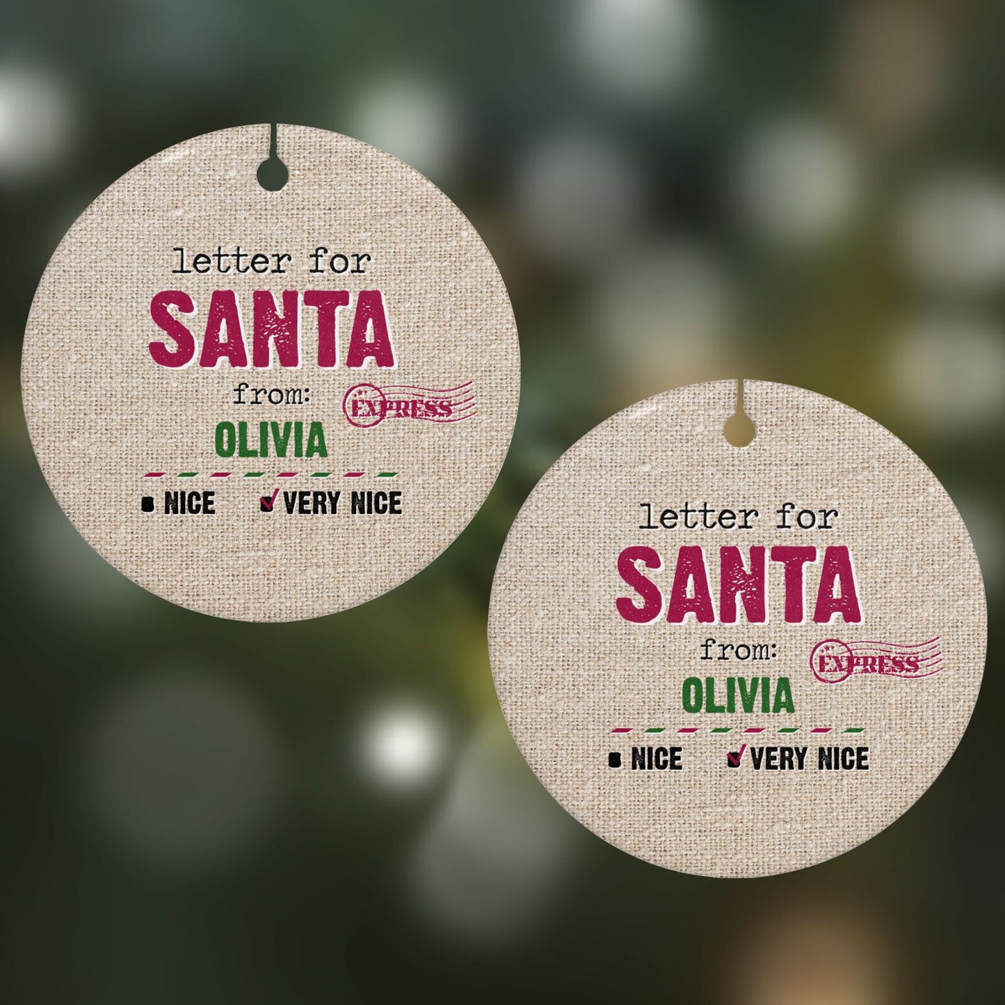 Letters to Santa Personalised Round Decoration on Christmas Background