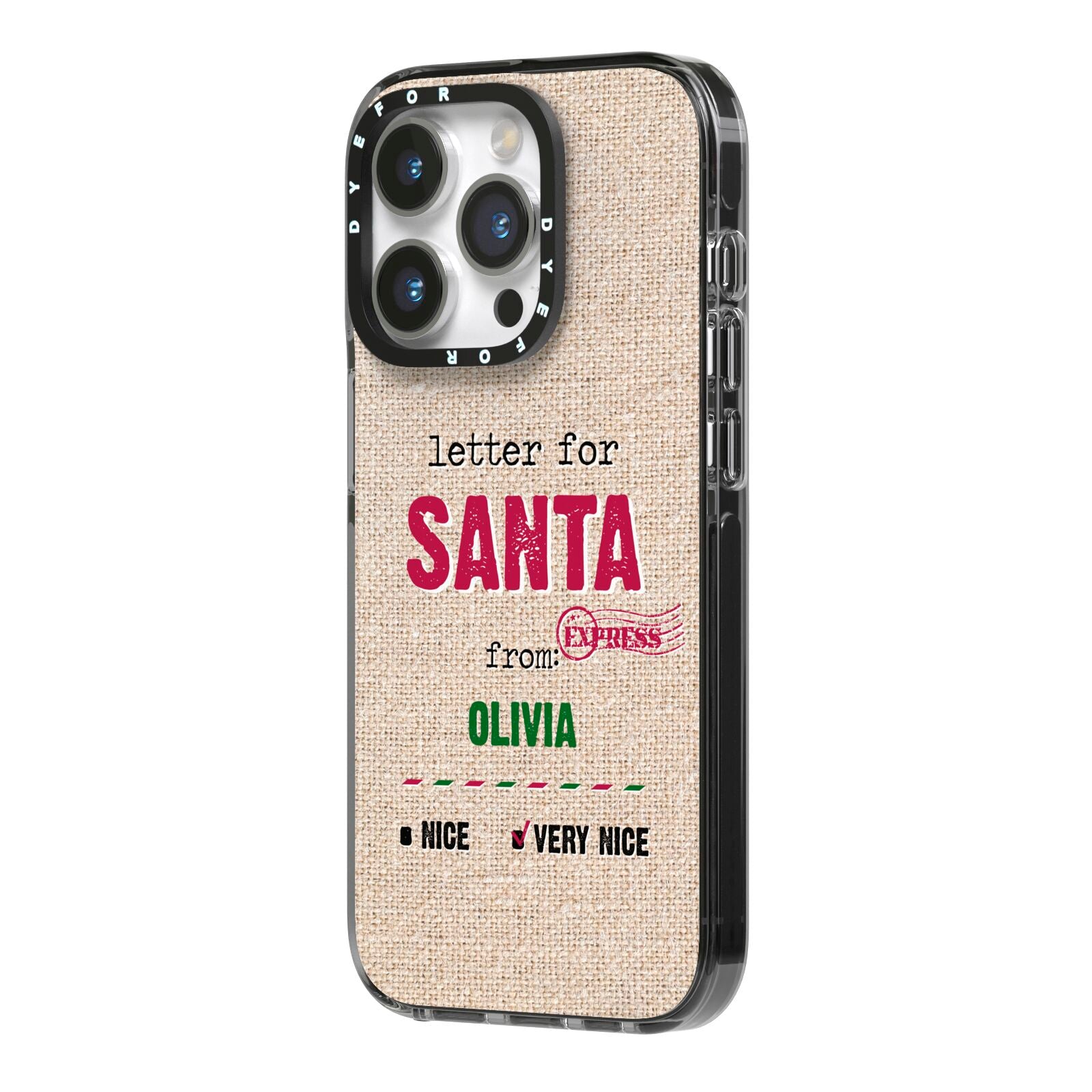 Letters to Santa Personalised iPhone 14 Pro Black Impact Case Side Angle on Silver phone