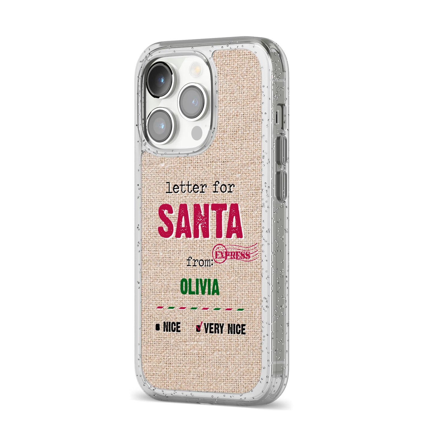 Letters to Santa Personalised iPhone 14 Pro Glitter Tough Case Silver Angled Image