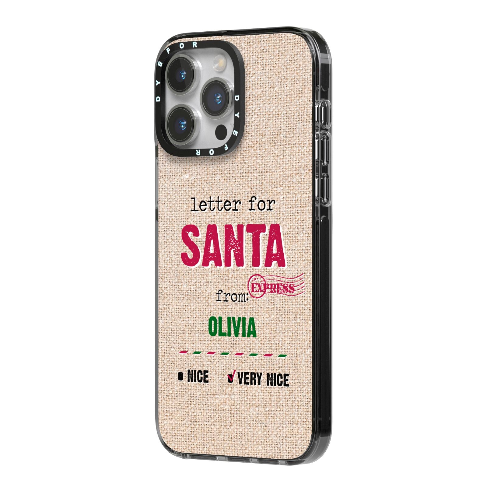 Letters to Santa Personalised iPhone 14 Pro Max Black Impact Case Side Angle on Silver phone