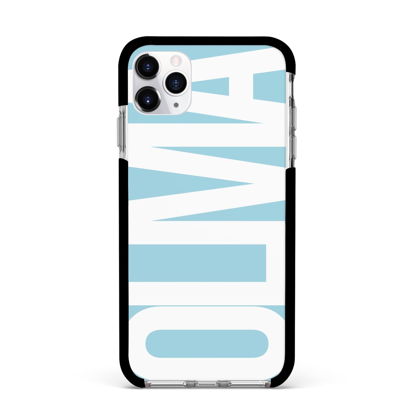 Light Blue with Bold White Name Apple iPhone 11 Pro Max in Silver with Black Impact Case