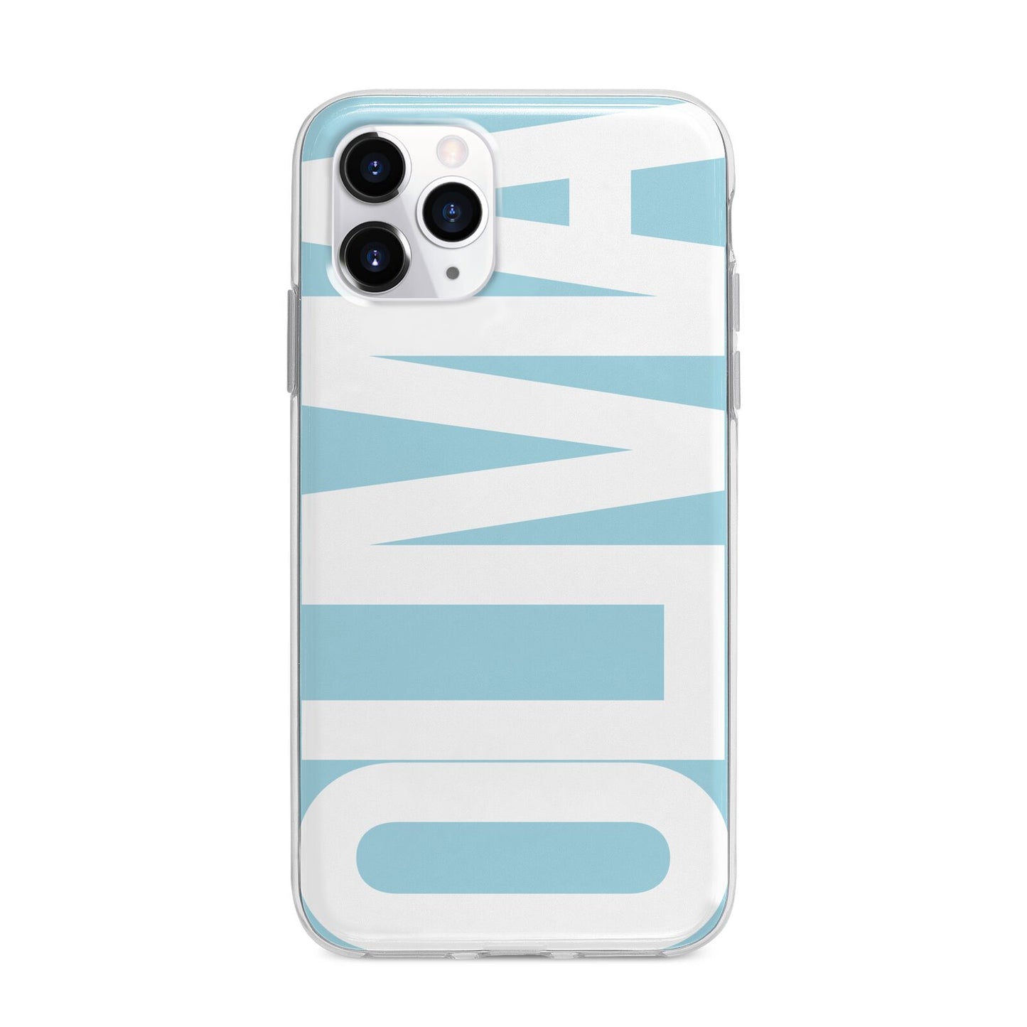 Light Blue with Bold White Name Apple iPhone 11 Pro Max in Silver with Bumper Case