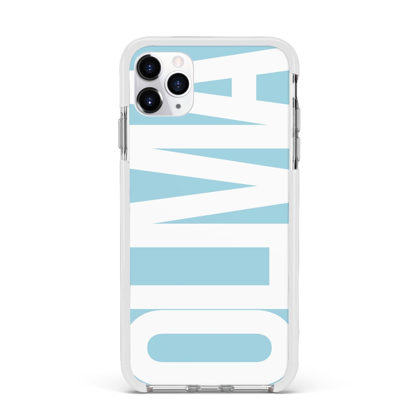 Light Blue with Bold White Name Apple iPhone 11 Pro Max in Silver with White Impact Case