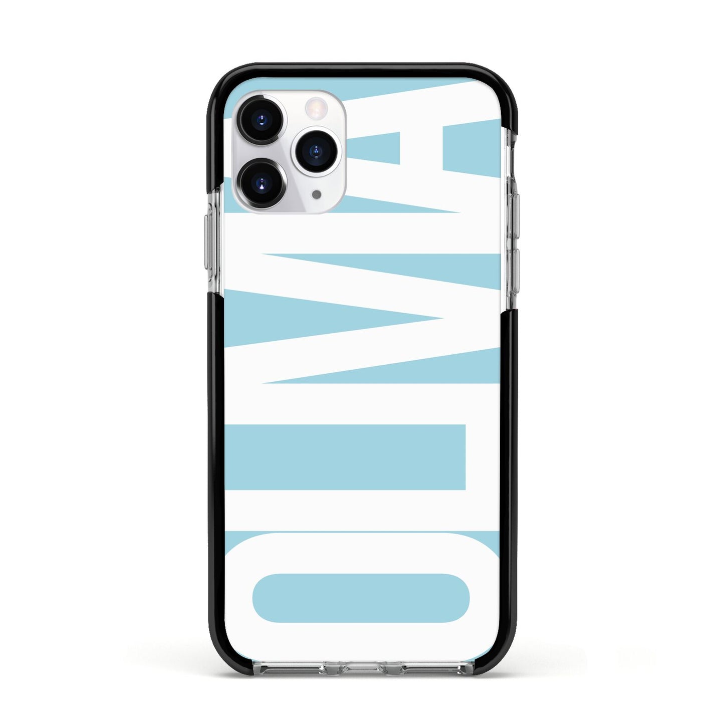 Light Blue with Bold White Name Apple iPhone 11 Pro in Silver with Black Impact Case