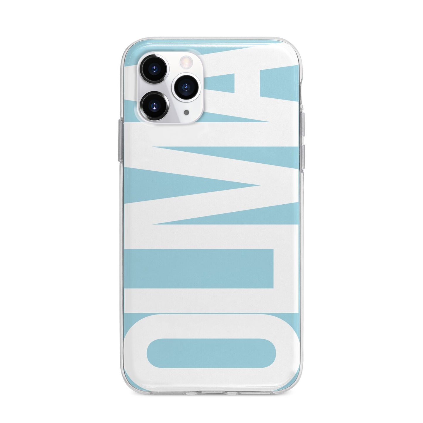 Light Blue with Bold White Name Apple iPhone 11 Pro in Silver with Bumper Case