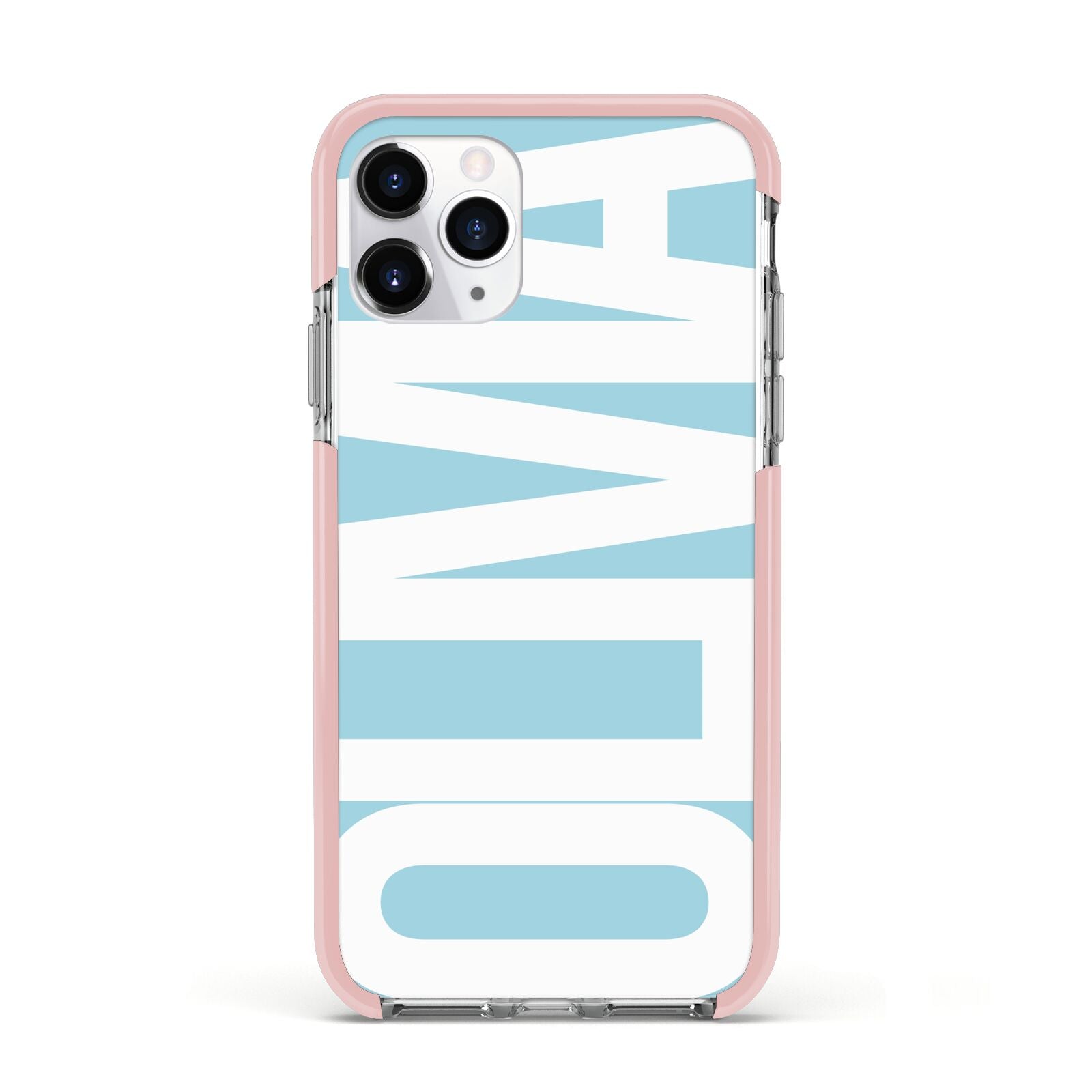 Light Blue with Bold White Name Apple iPhone 11 Pro in Silver with Pink Impact Case