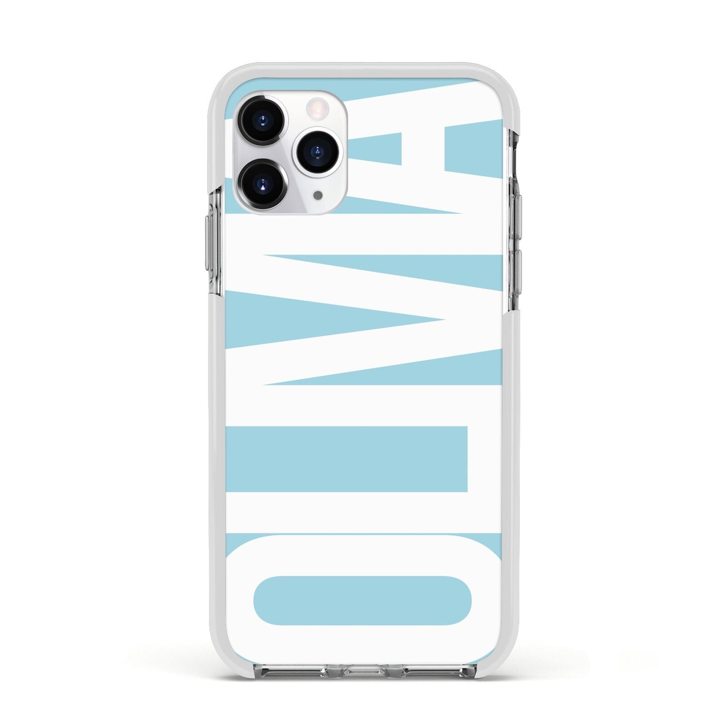 Light Blue with Bold White Name Apple iPhone 11 Pro in Silver with White Impact Case